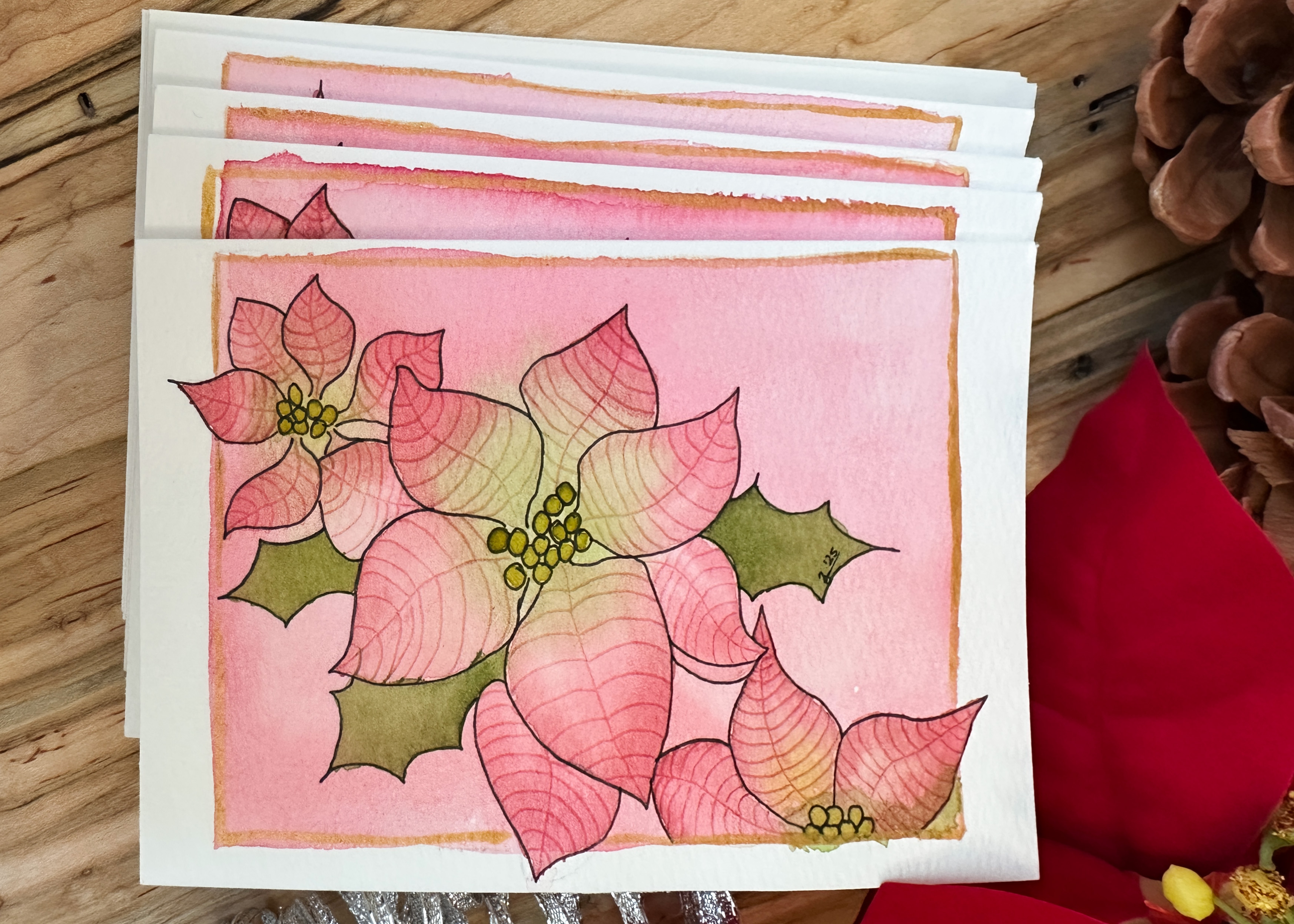 Hand-Painted Christmas Card Set – Watercolor Pink Poinsettias with Holly Accents, Set of 4 Originals with Envelopes