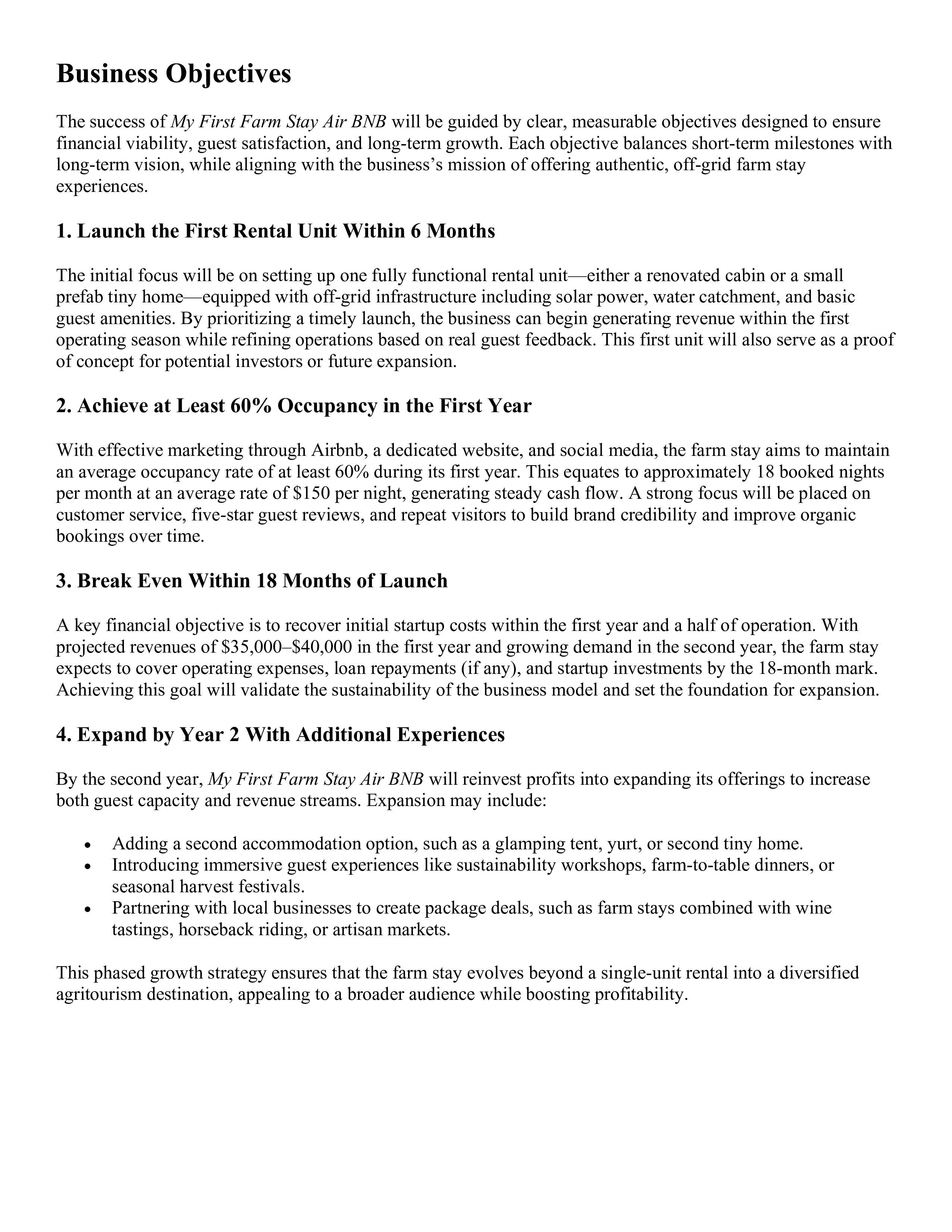 Farm Stay AirBNB Business Plan