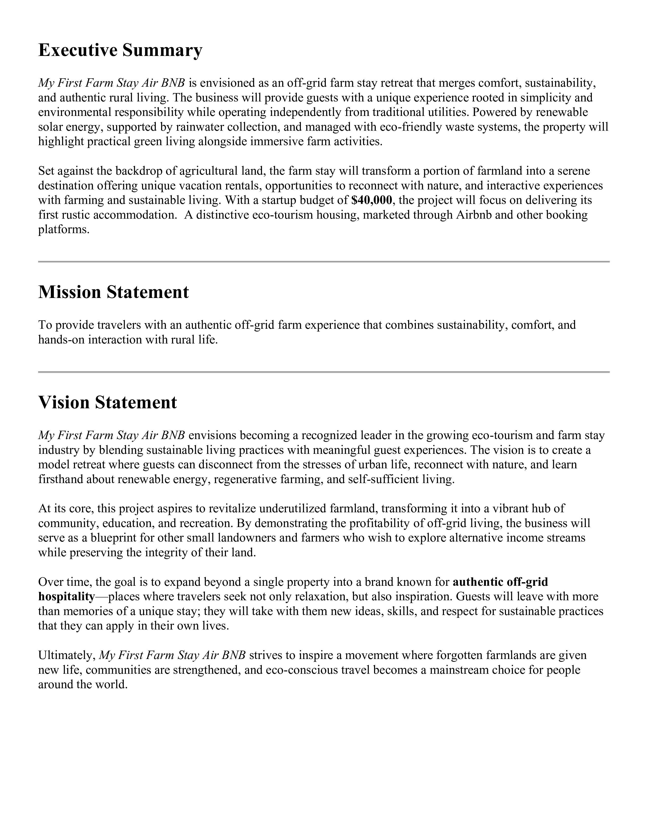 Farm Stay AirBNB Business Plan