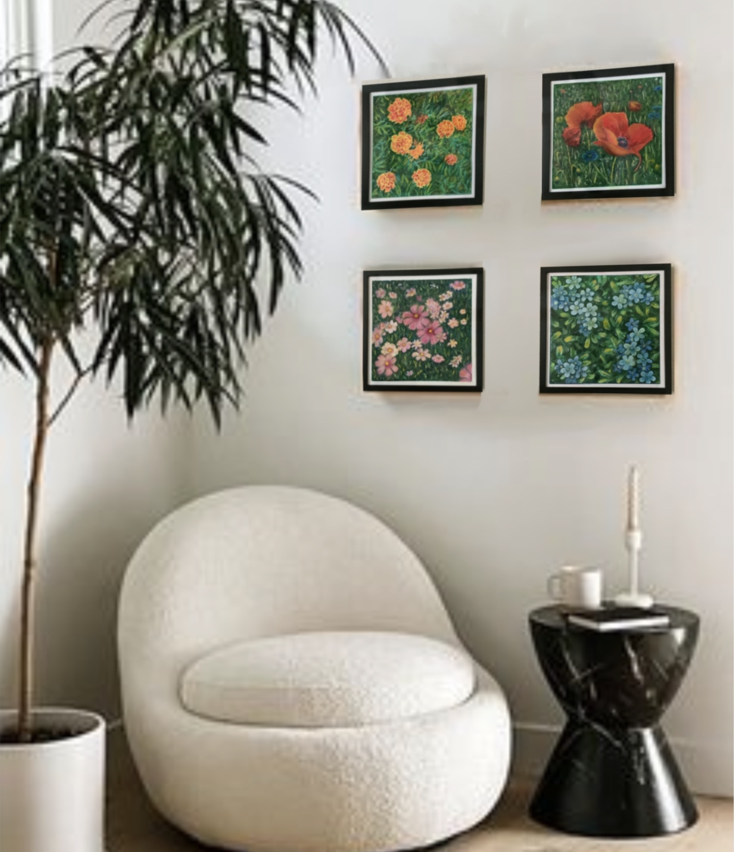 Spring Flower Art Set of 4 | 12x12 Framed Canvas Paintings | Vibrant Botanical Wall Art 