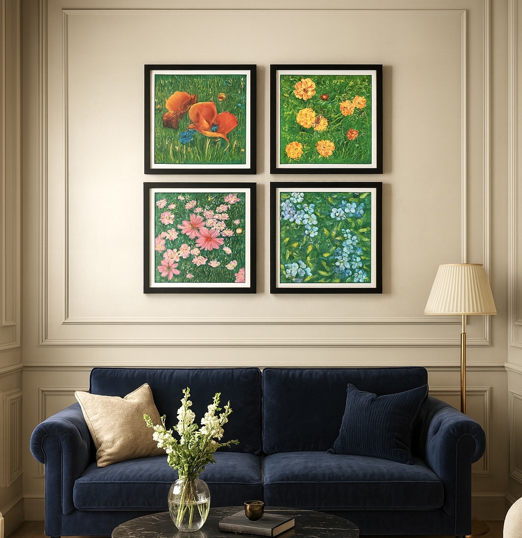 Spring Flower Art Set of 4 | 12x12 Framed Canvas Paintings | Vibrant Botanical Wall Art 