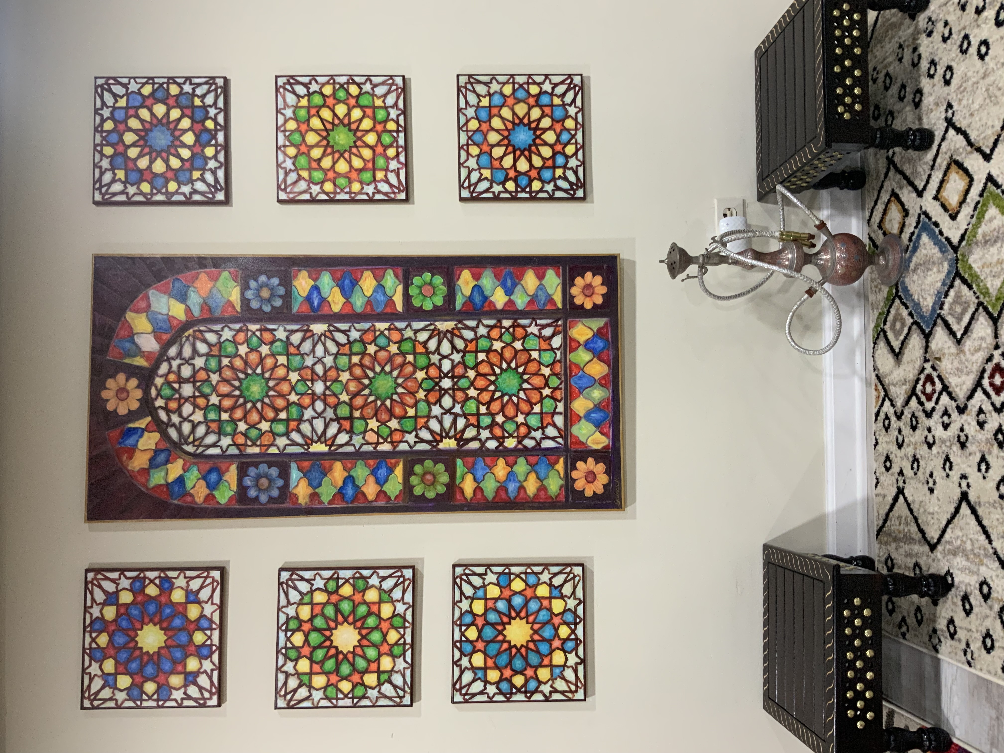 Set of Original Paintings in the Moroccan Mosaic Windows Style 
