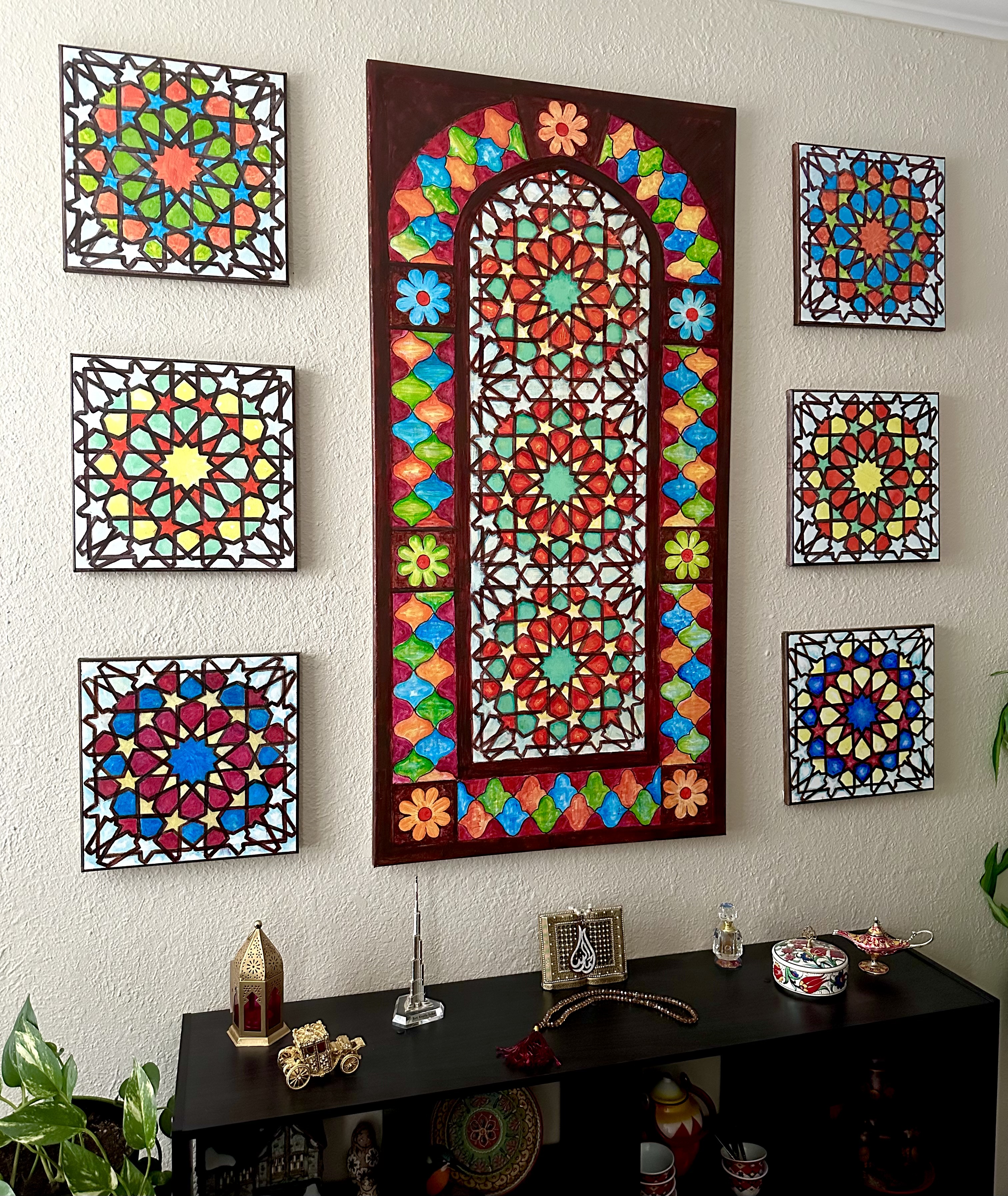 Set of Original Paintings in the Moroccan Mosaic Windows Style 