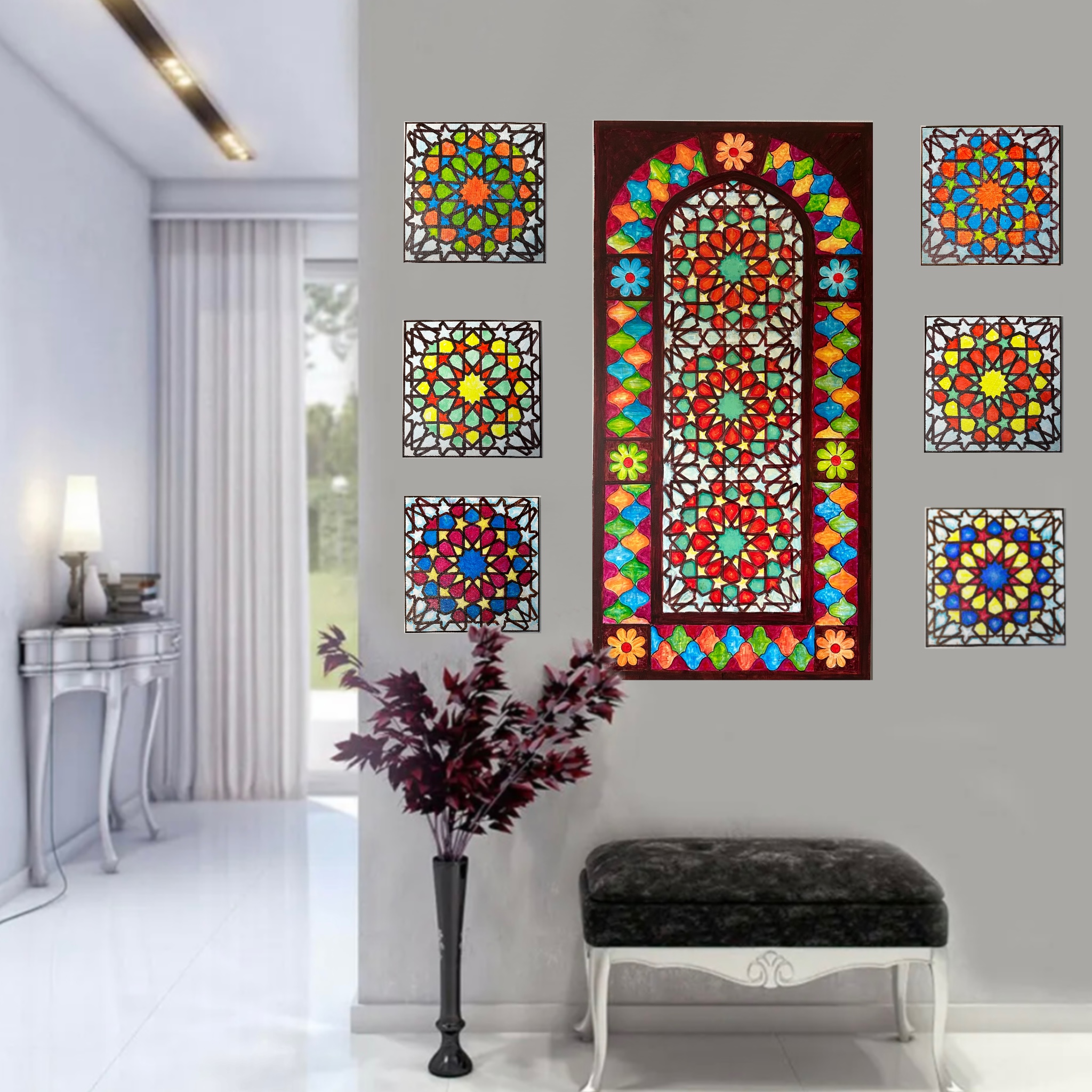 Set of Original Paintings in the Moroccan Mosaic Windows Style