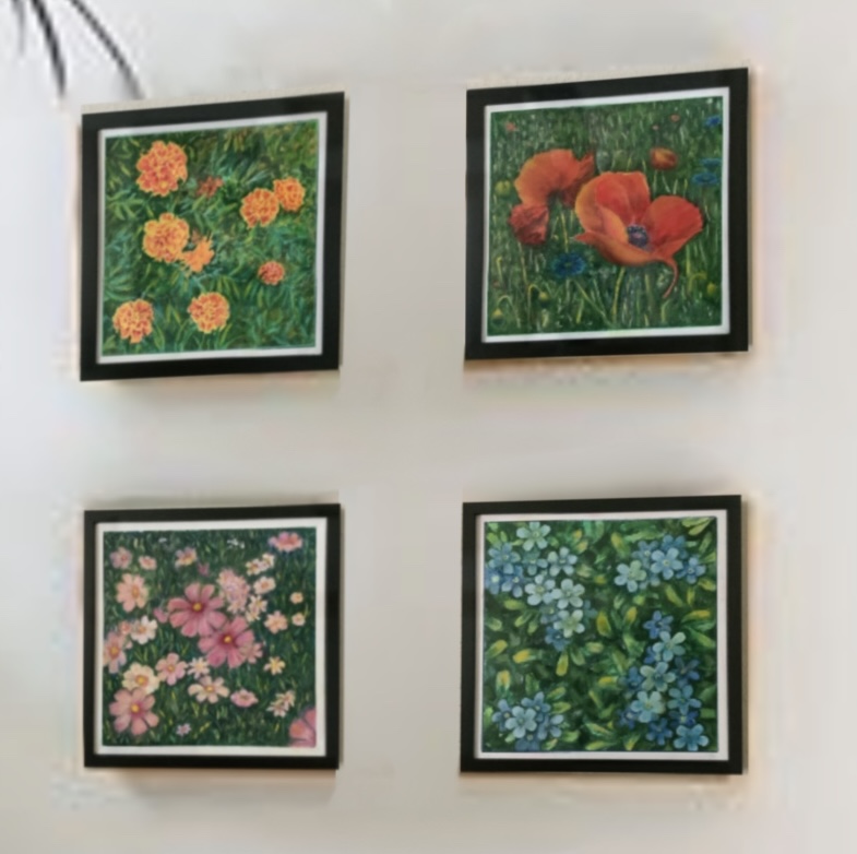 Spring Flower Art Set of 4 | 12x12 Framed Canvas Paintings | Vibrant Botanical Wall Art 