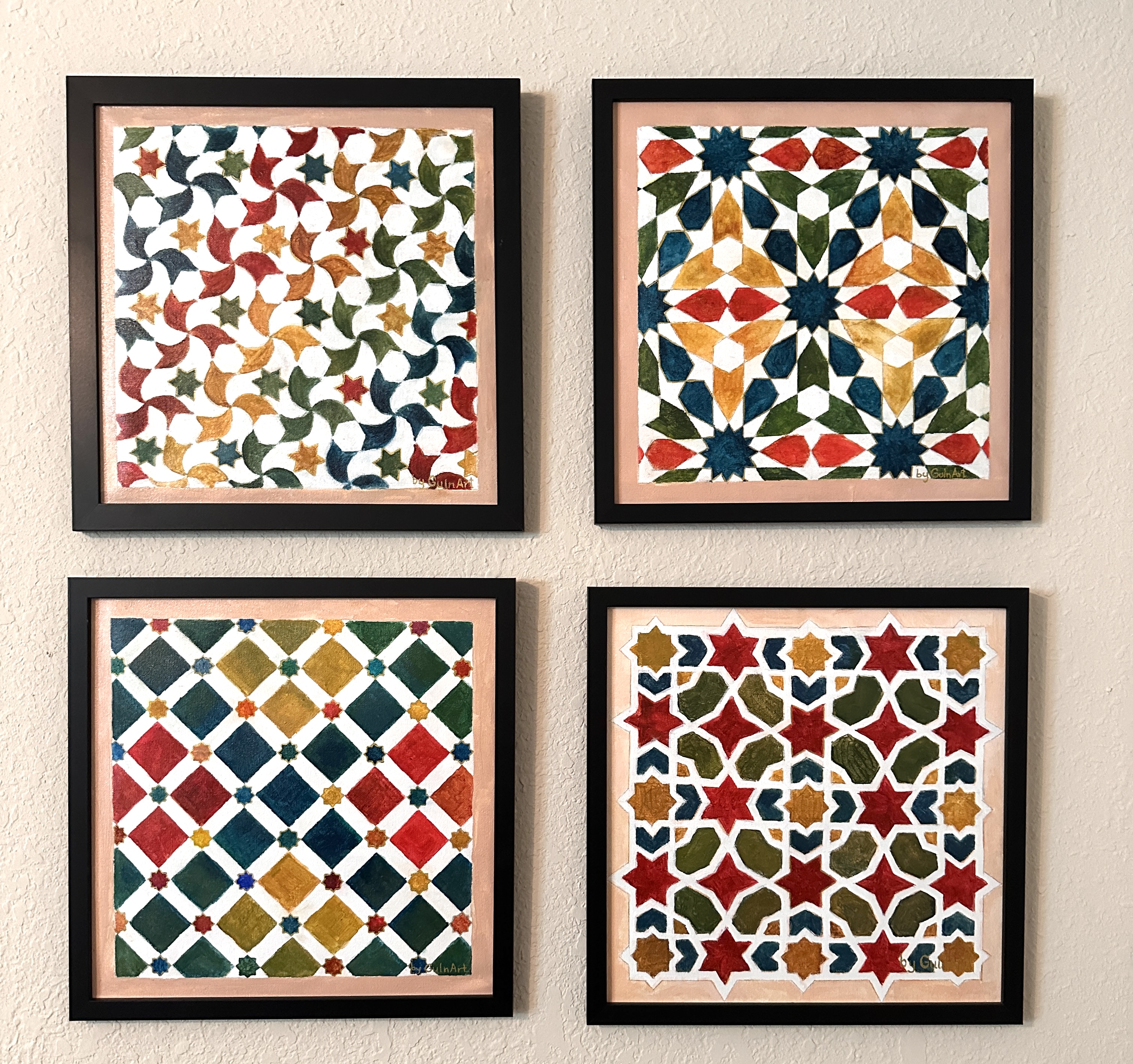 Set of Original Paintings in Moorish Geometric Patterns Style