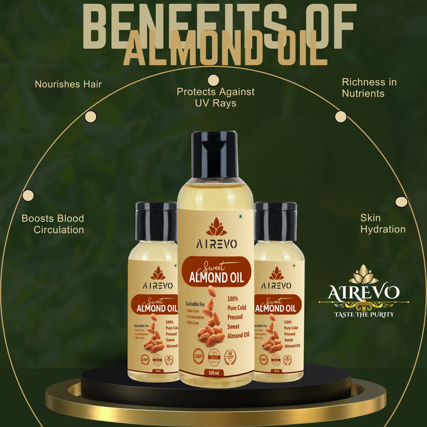 AIREVO Natural Wood Pressed Almond Oil – Rich in Vitamin E – for All Skin Types, Dry & Frizzy Hair – Body Massage Oil.