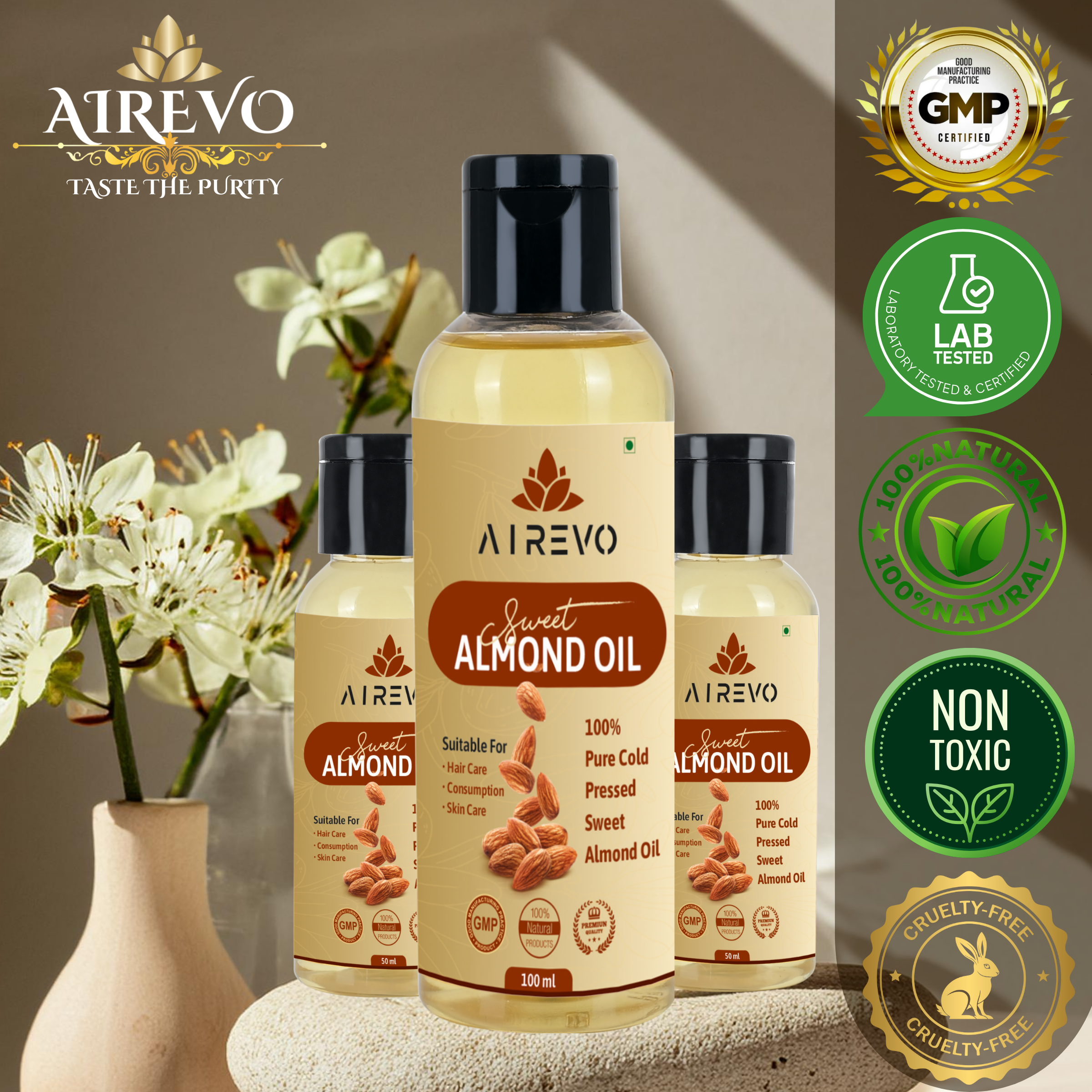 AIREVO Natural Wood Pressed Almond Oil – Rich in Vitamin E – for All Skin Types, Dry & Frizzy Hair – Body Massage Oil.