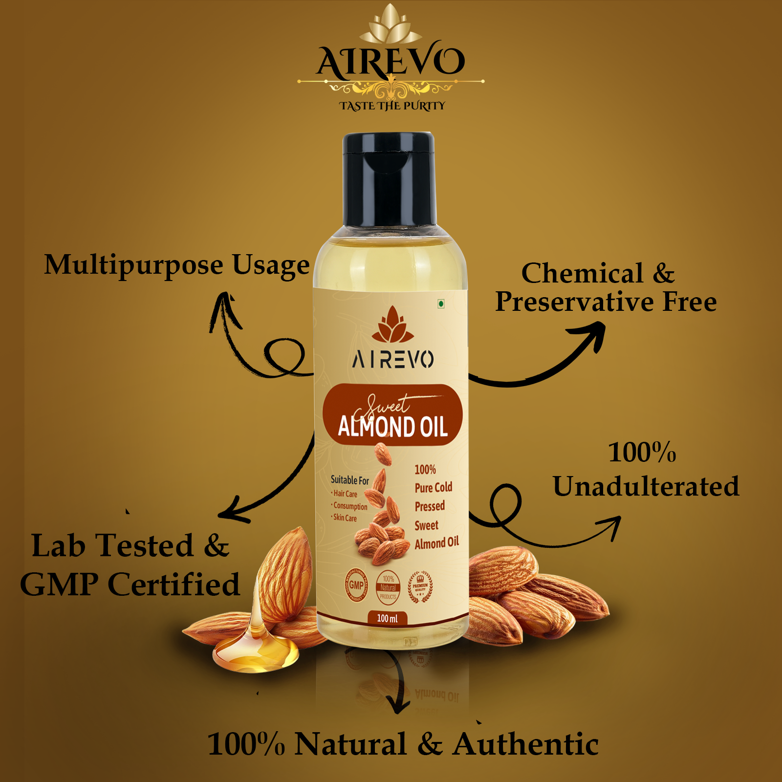 AIREVO Natural Wood Pressed Almond Oil – Rich in Vitamin E – for All Skin Types, Dry & Frizzy Hair – Body Massage Oil.