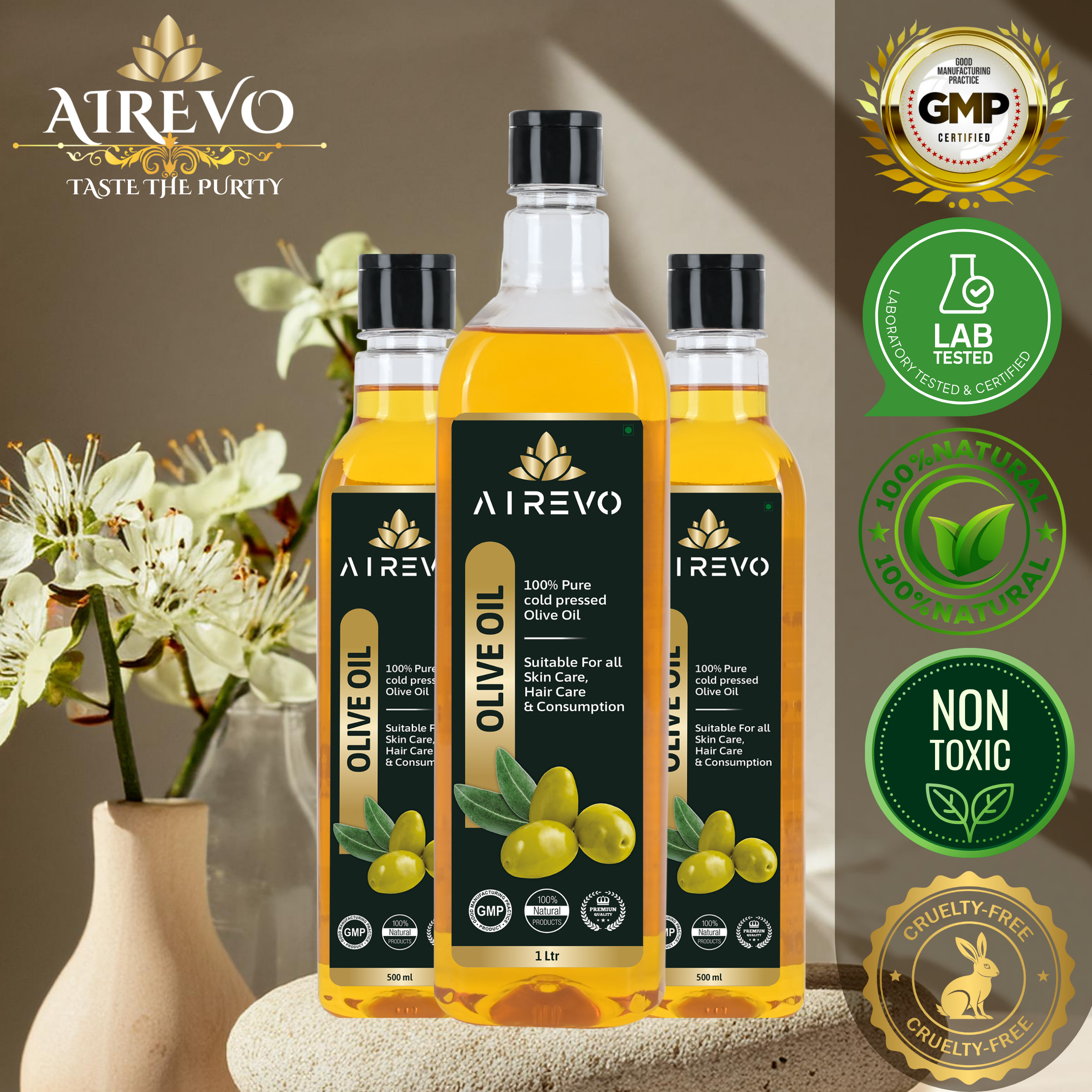 AIREVO Extra Virgin Olive Oil - 1Lt Cold Pressed, Rich in Vitamin E & K, Heart-Healthy MUFA, Ideal for Salad Dressings, Marinades