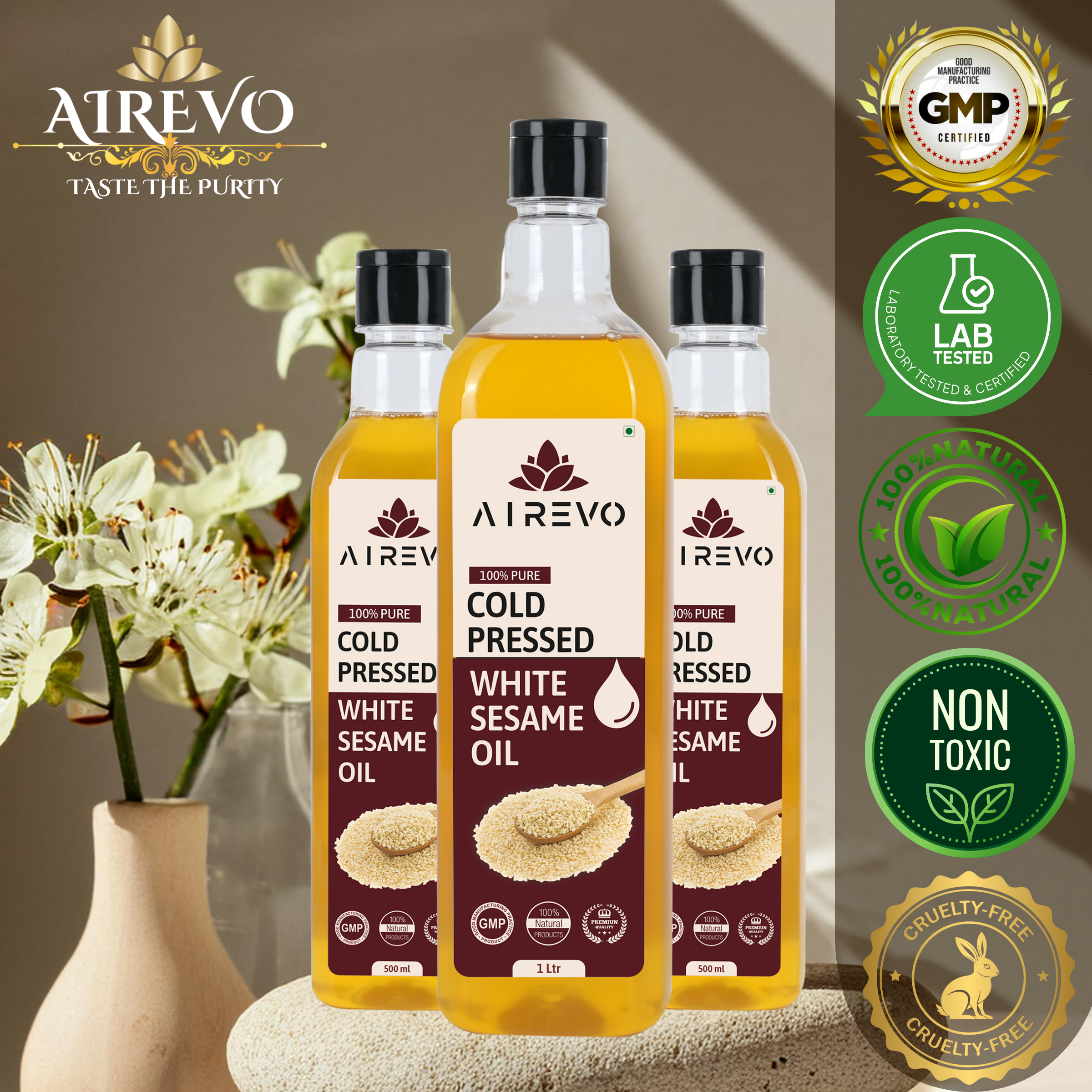 AIREVO Pure & Unrefined Wood Pressed White Sesame Oil (Gingelly) -Ideal For Daily Cooking & Multipurpose Use.