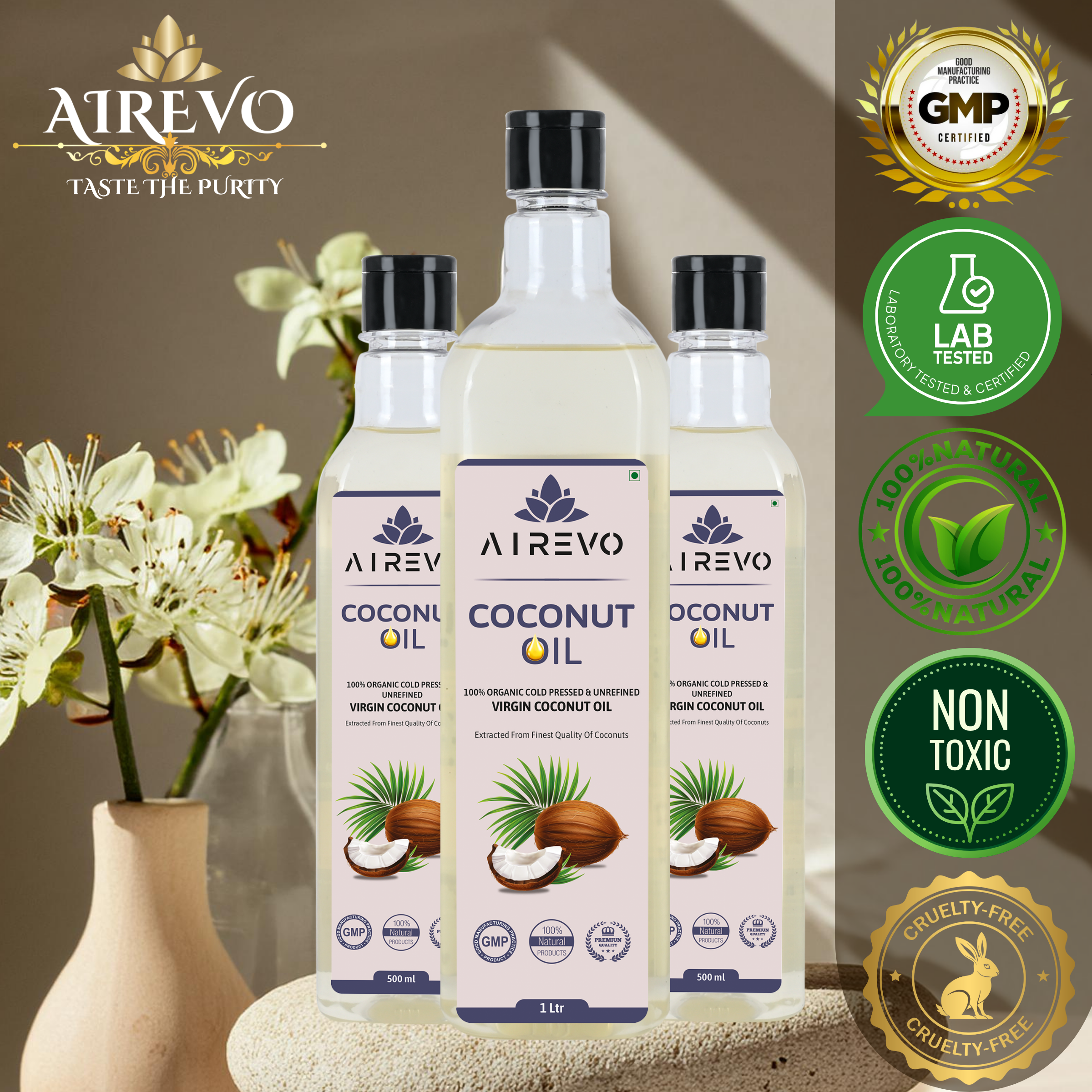 AIREVO 100% Organic Wood Pressed Coconut Oil - Ideal for Hair, Skin Care, & Baby Massage Coconuts