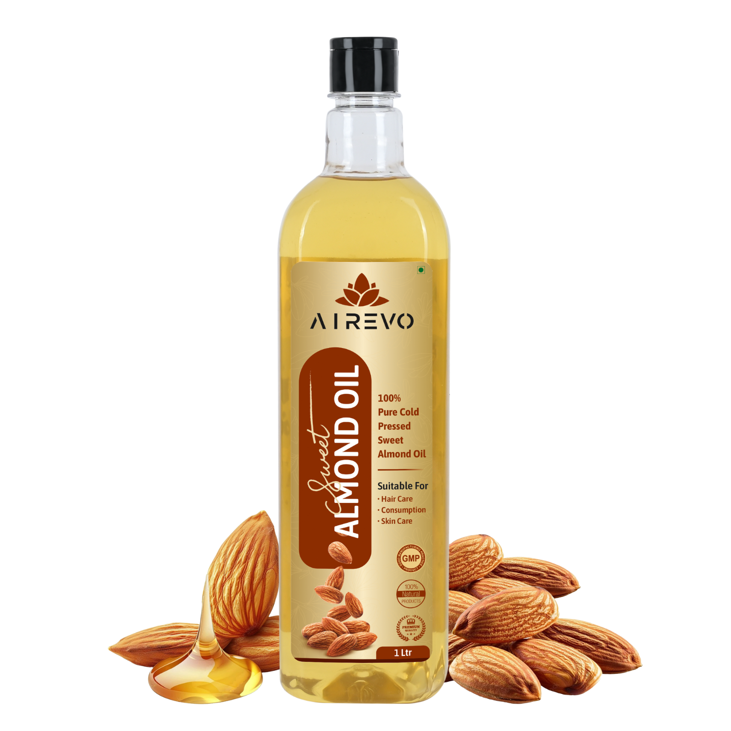AIREVO Natural Wood Pressed Almond Oil – Rich in Vitamin E – for All Skin Types, Dry & Frizzy Hair – Body Massage Oil.