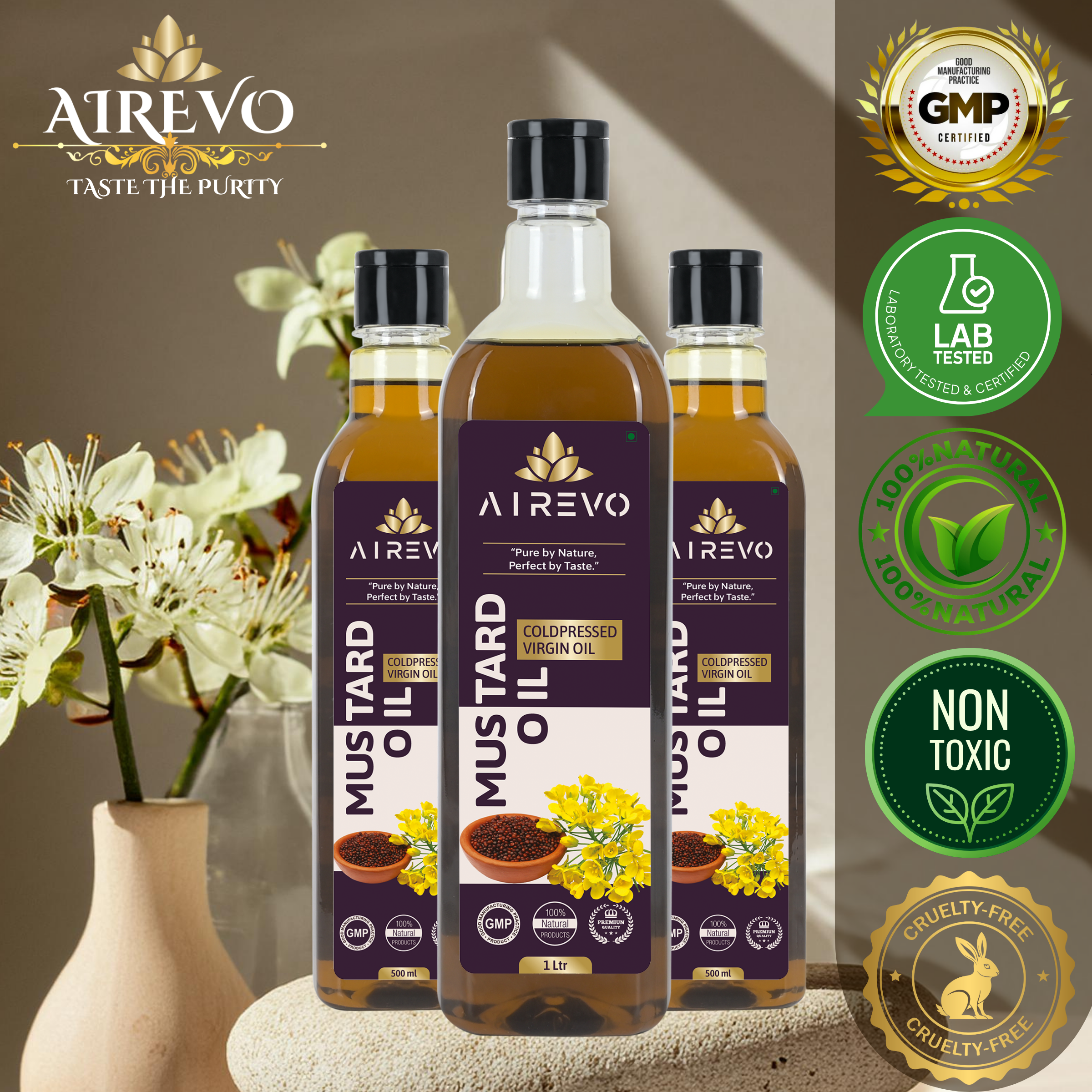 AIREVO Unrefined Wood Pressed Black Mustard Oil –Kacchi Ghani Pure Sarso ka Tel – Richness in Nutrients.