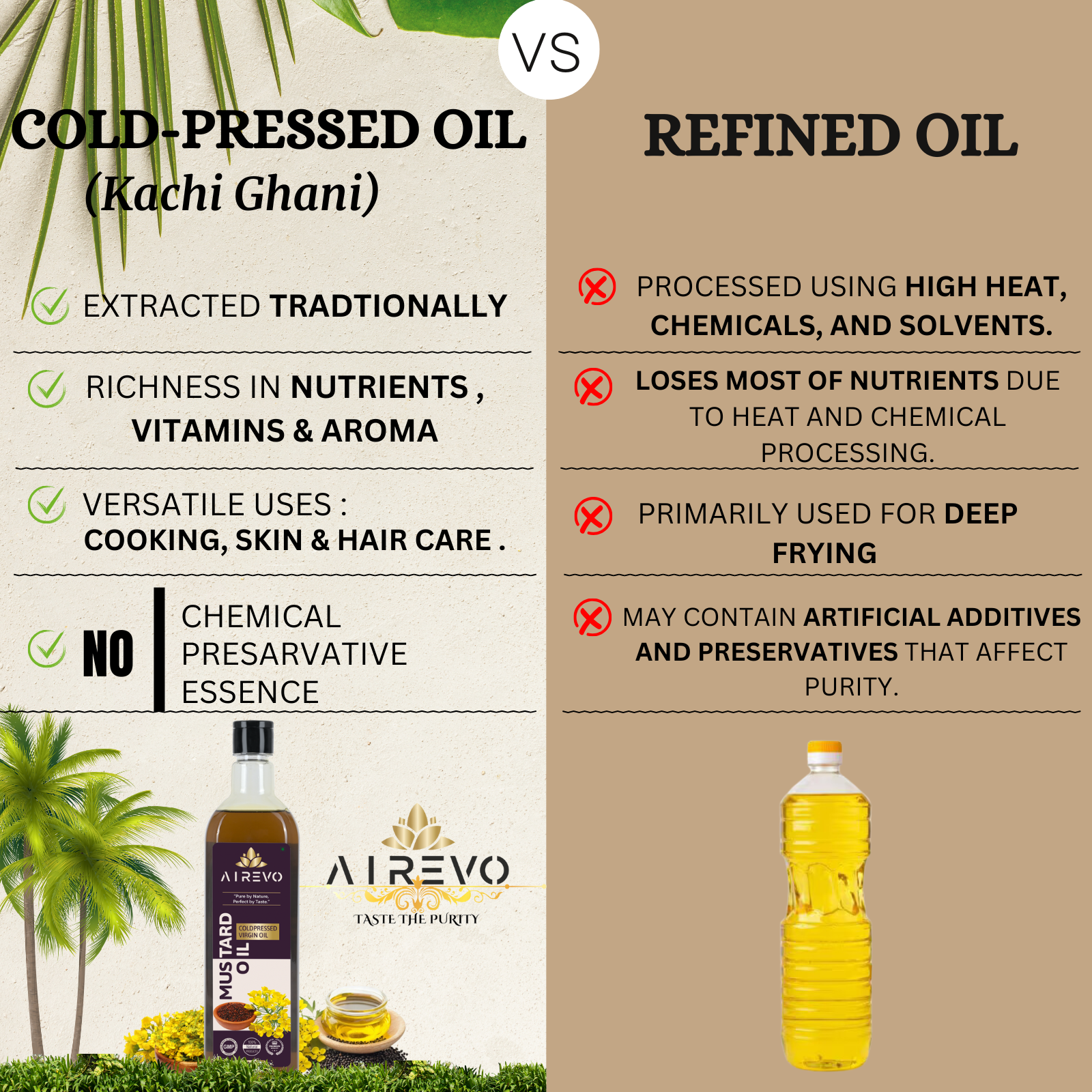 AIREVO Unrefined Wood Pressed Black Mustard Oil –Kacchi Ghani Pure Sarso ka Tel – Richness in Nutrients.
