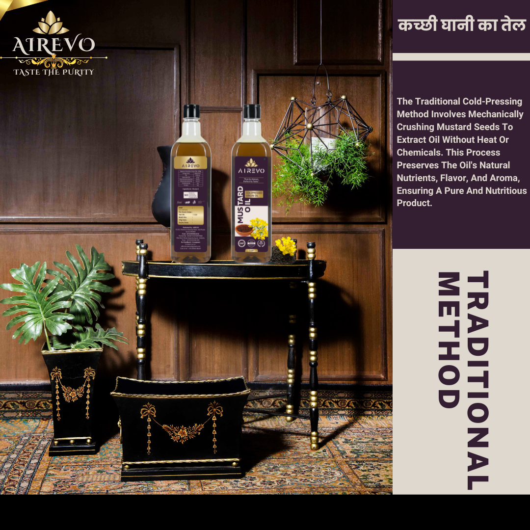 AIREVO Unrefined Wood Pressed Black Mustard Oil –Kacchi Ghani Pure Sarso ka Tel – Richness in Nutrients.
