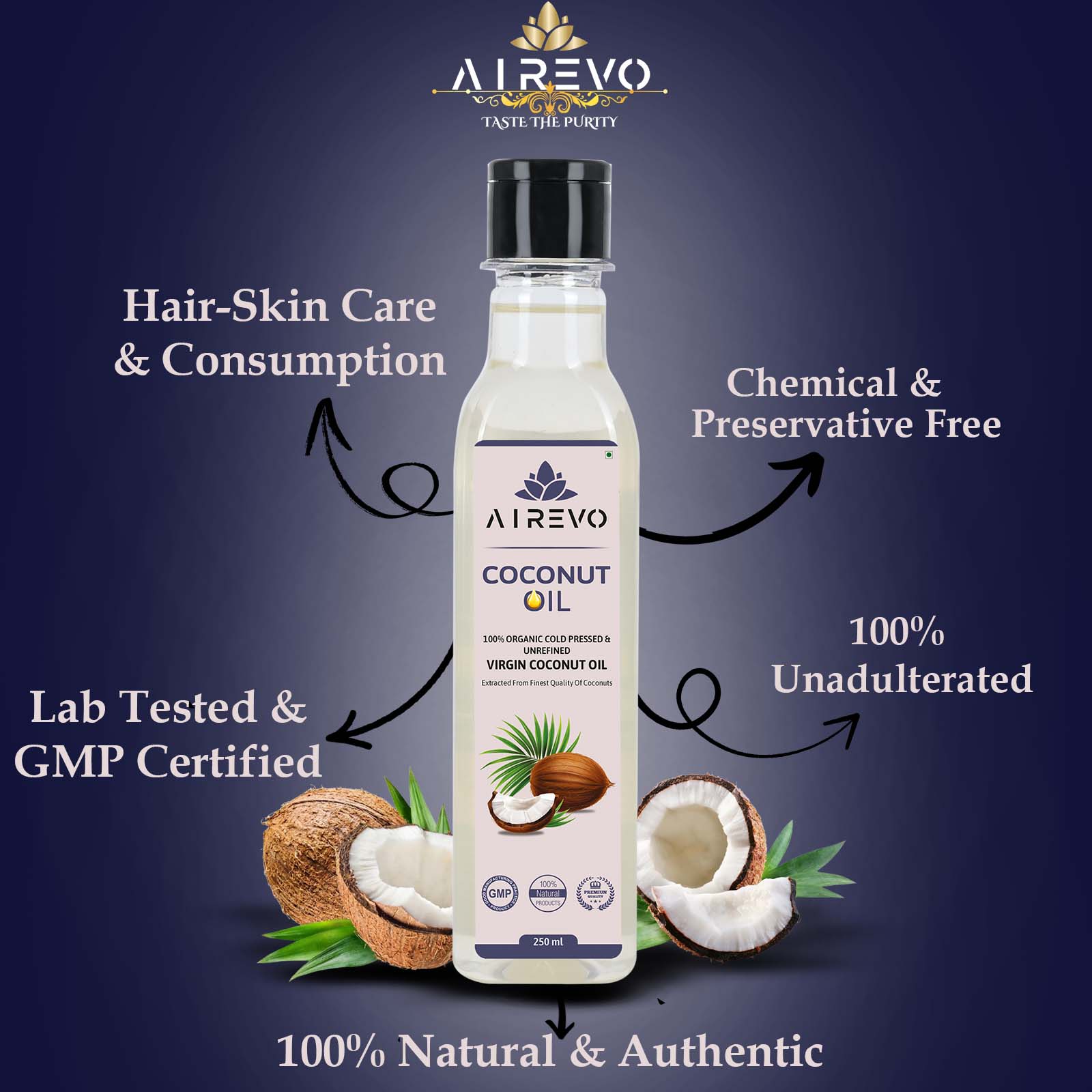 AIREVO 100% Organic Wood Pressed Coconut Oil - Ideal for Hair, Skin Care, & Baby Massage Coconuts