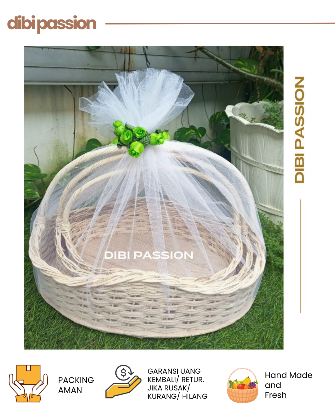 Keranjang Rotan Seserahan 3pcs – Model Ombak | Hantaran Lamaran Nikahan Handmade dengan Tile & Bunga Dekorasi