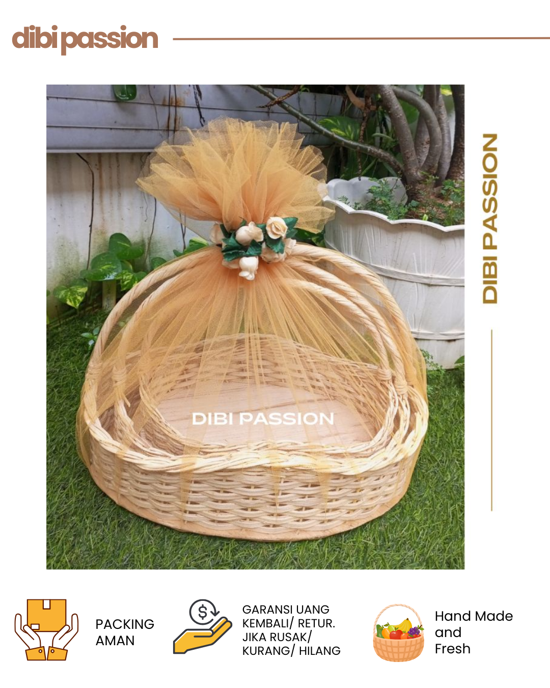 Keranjang Rotan Seserahan 3pcs – Model Ombak | Hantaran Lamaran Nikahan Handmade dengan Tile & Bunga Dekorasi