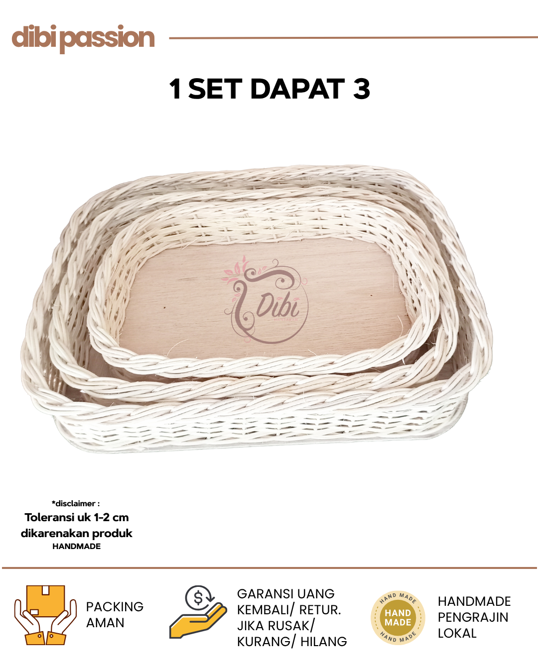 Rotan Kotak Persegi Panjang 1 Set Isi 3 Keranjang Handmade Serbaguna