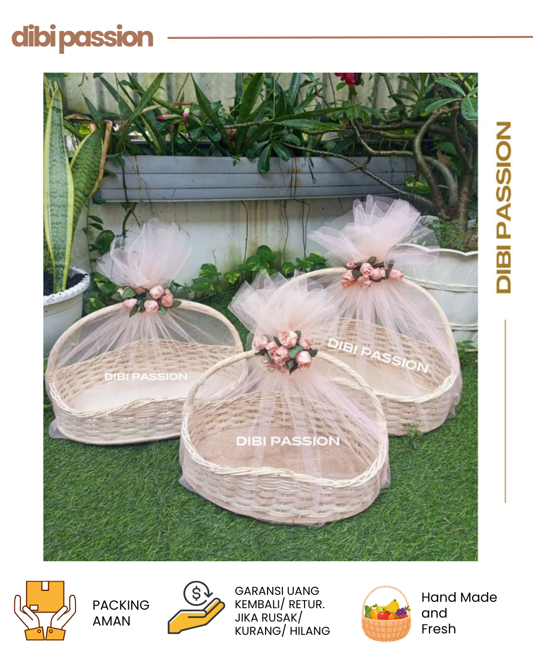 Keranjang Rotan Seserahan 3pcs – Model Ombak | Hantaran Lamaran Nikahan Handmade dengan Tile & Bunga Dekorasi