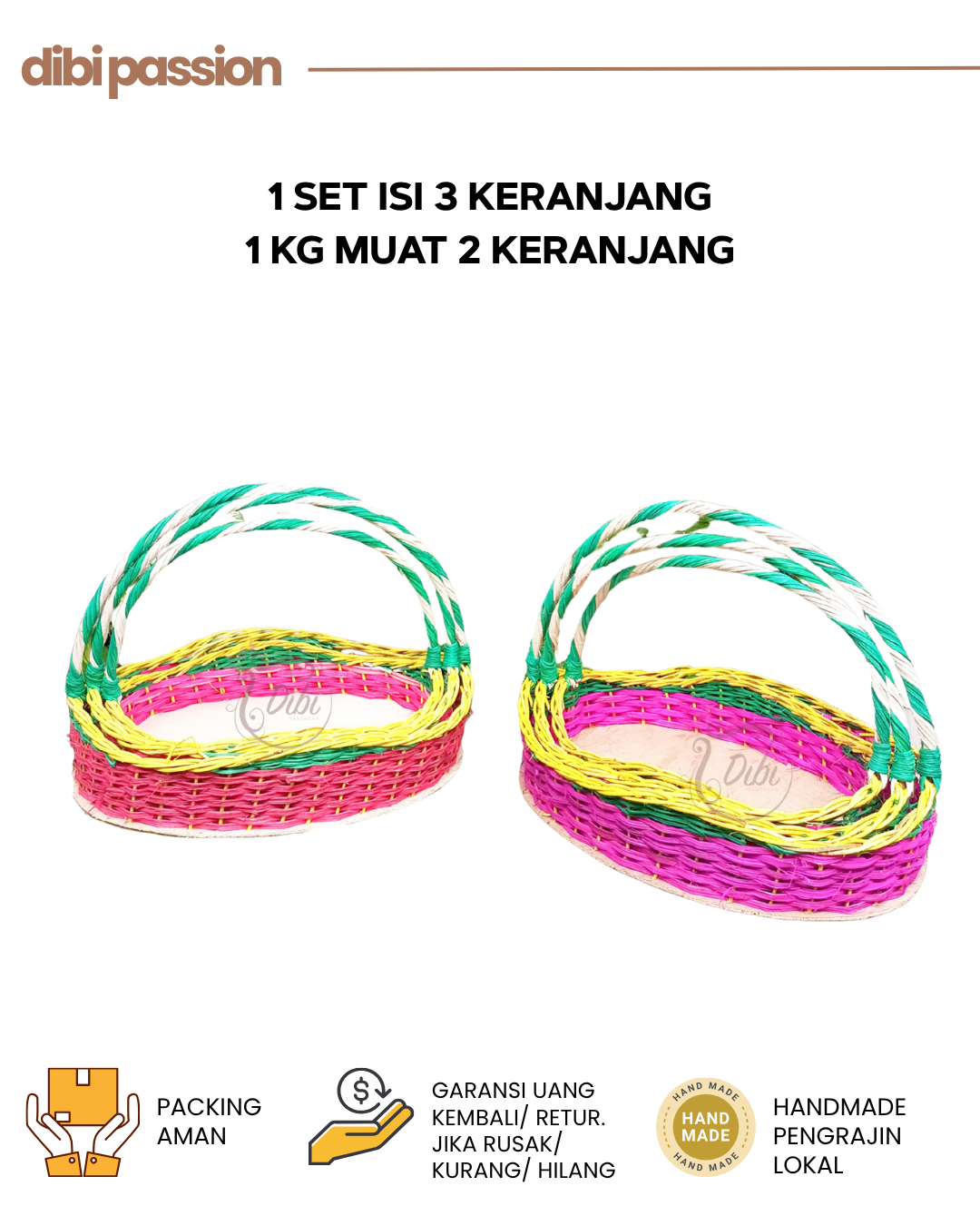 Keranjang Rotan Set Isi 3 – Model Ombak Warna-Warni Handmade