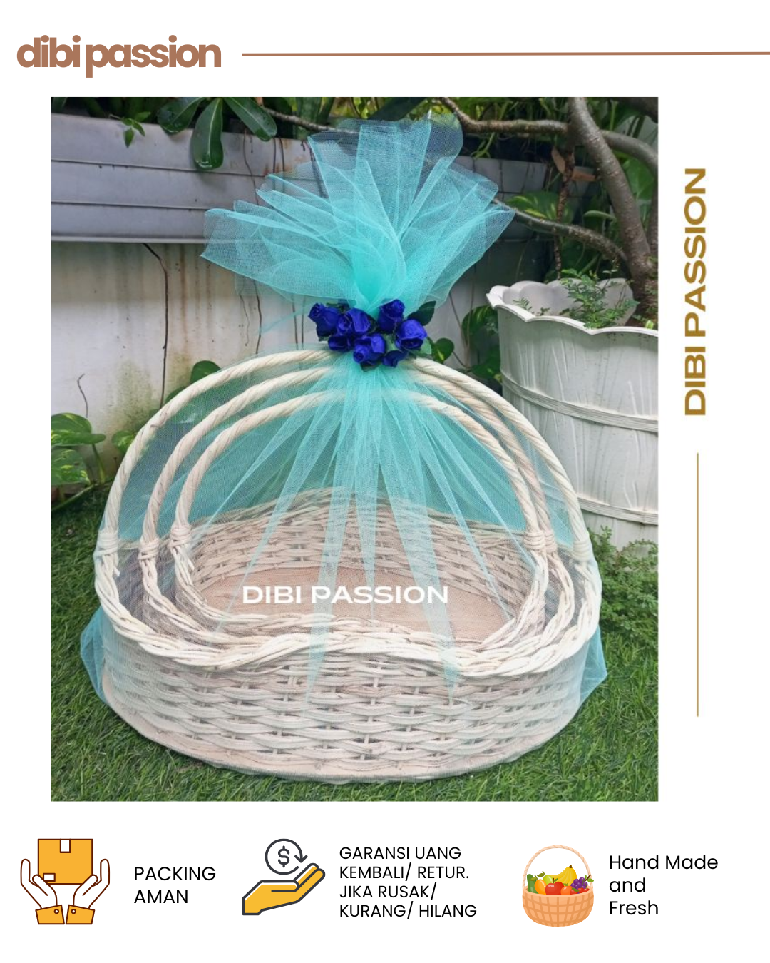 Keranjang Rotan Seserahan 3pcs – Model Ombak | Hantaran Lamaran Nikahan Handmade dengan Tile & Bunga Dekorasi