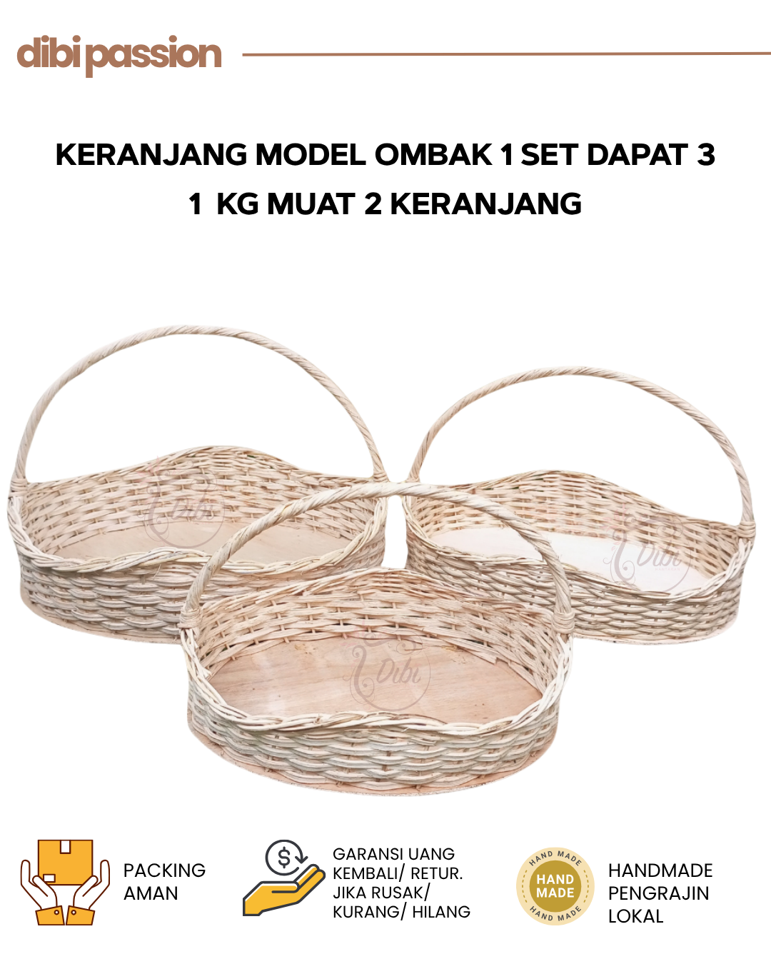 PROMO MURAH Keranjang Rotan Model Ombak 1 Set Isi 3