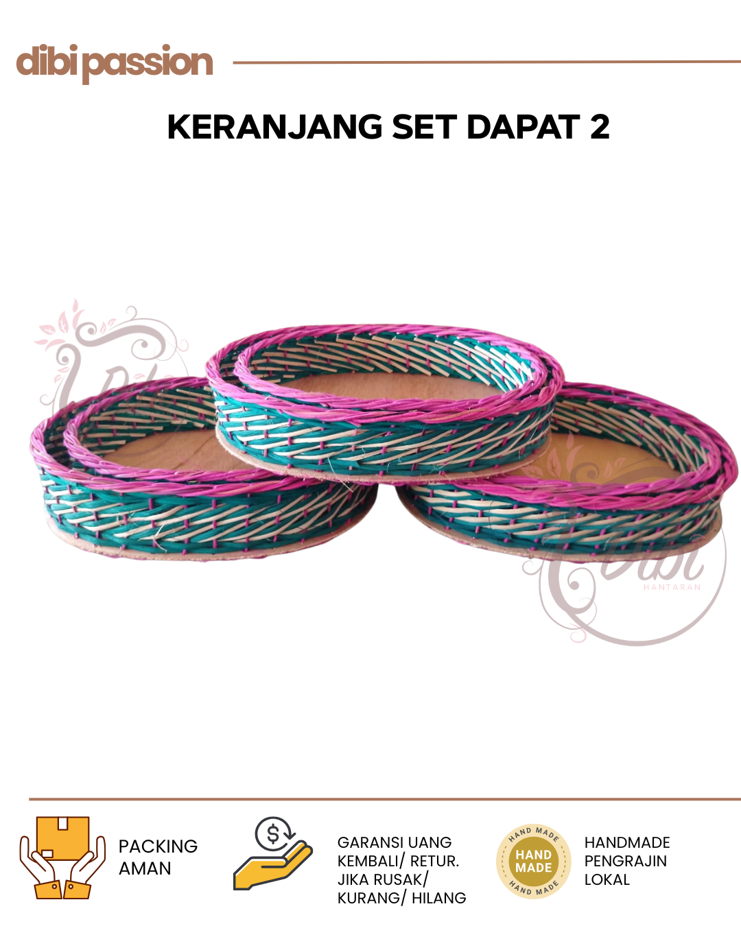 Keranjang Rotan Oval Miring Warna Warni Non Tangkai Set Isi 2