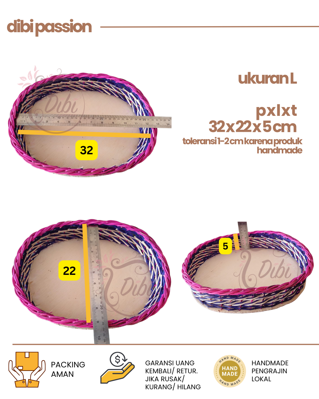 Keranjang Rotan Oval Miring Warna Warni Non Tangkai Set Isi 2