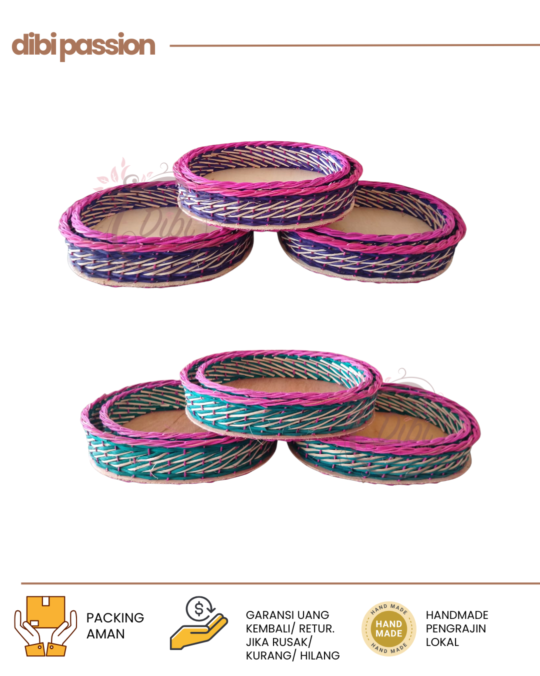 Keranjang Rotan Oval Miring Warna Warni Non Tangkai Set Isi 2