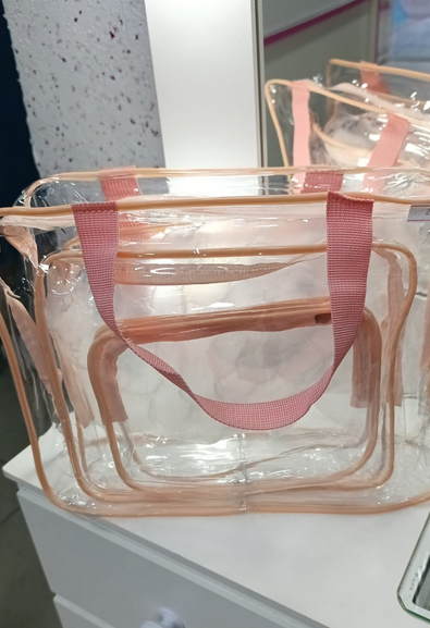 KIT com 3 Necessaire transparente com alças rosa