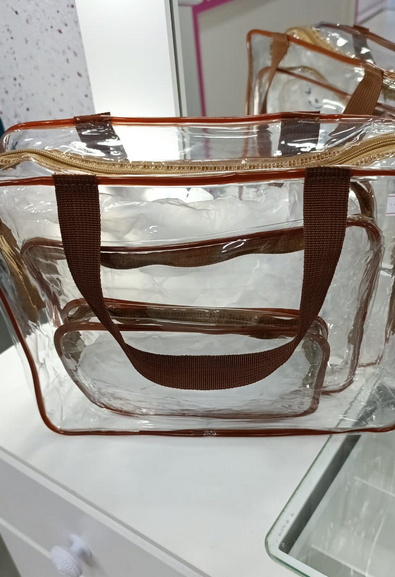 KIT com 3 Necessaire transparente com alças marrons