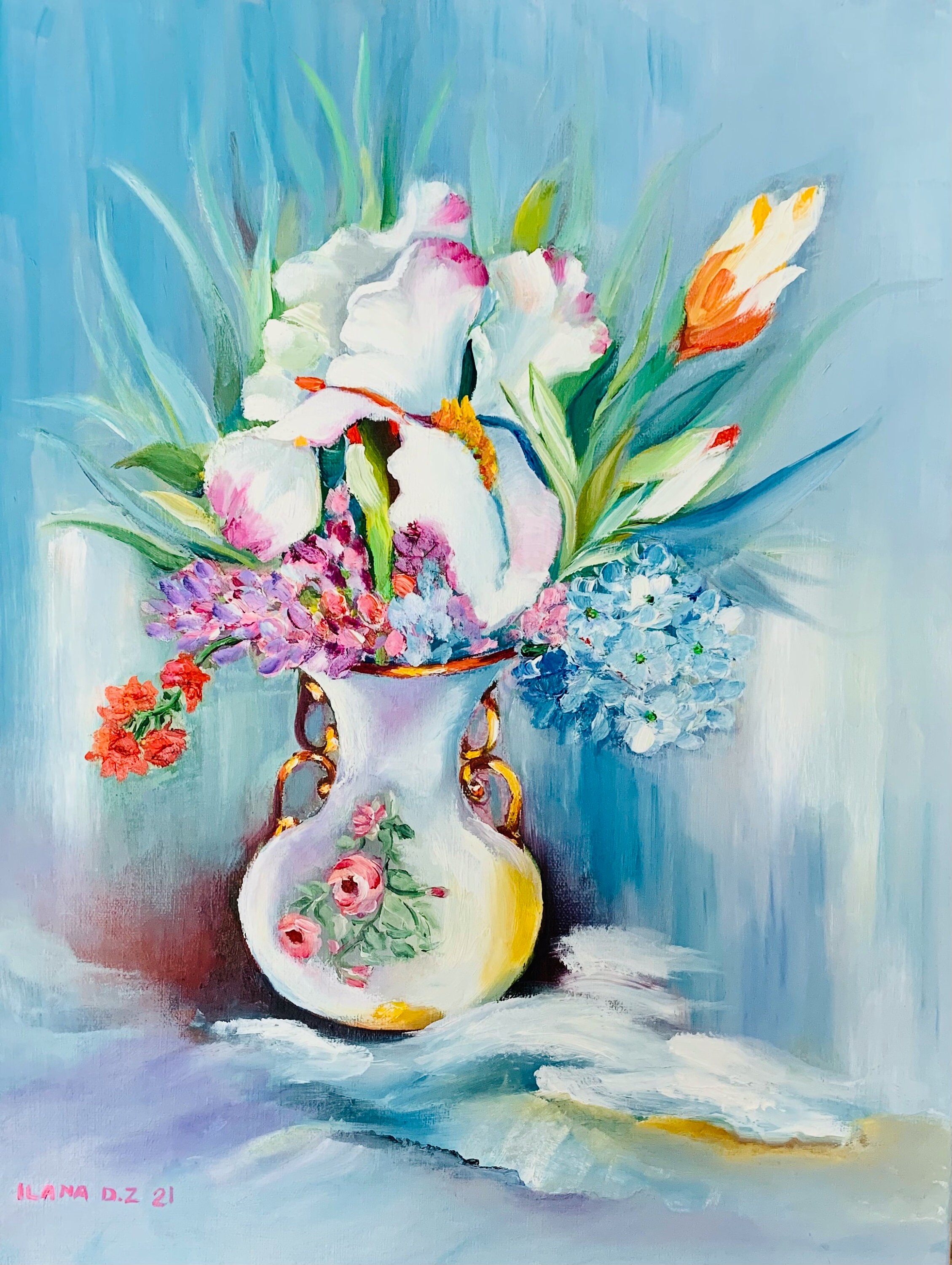 Hand-Painted Floral Vase Art