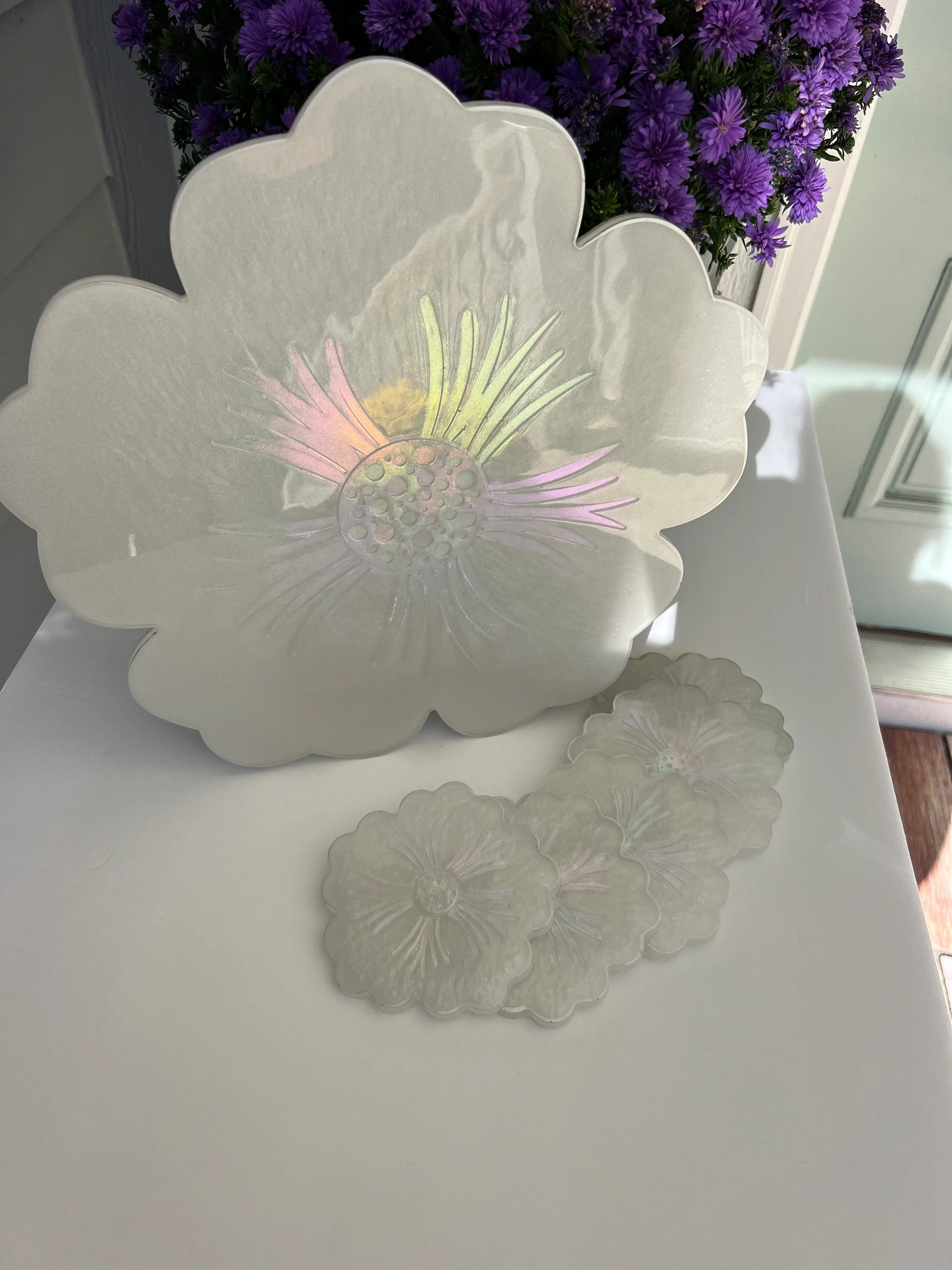 Silver Holographic Epoxy Resin Platter and Coasters