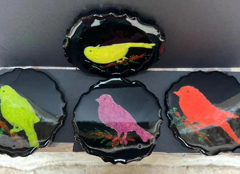 Handcrafted Bird-Themed Resin Coasters, Serving Tray, and Vase