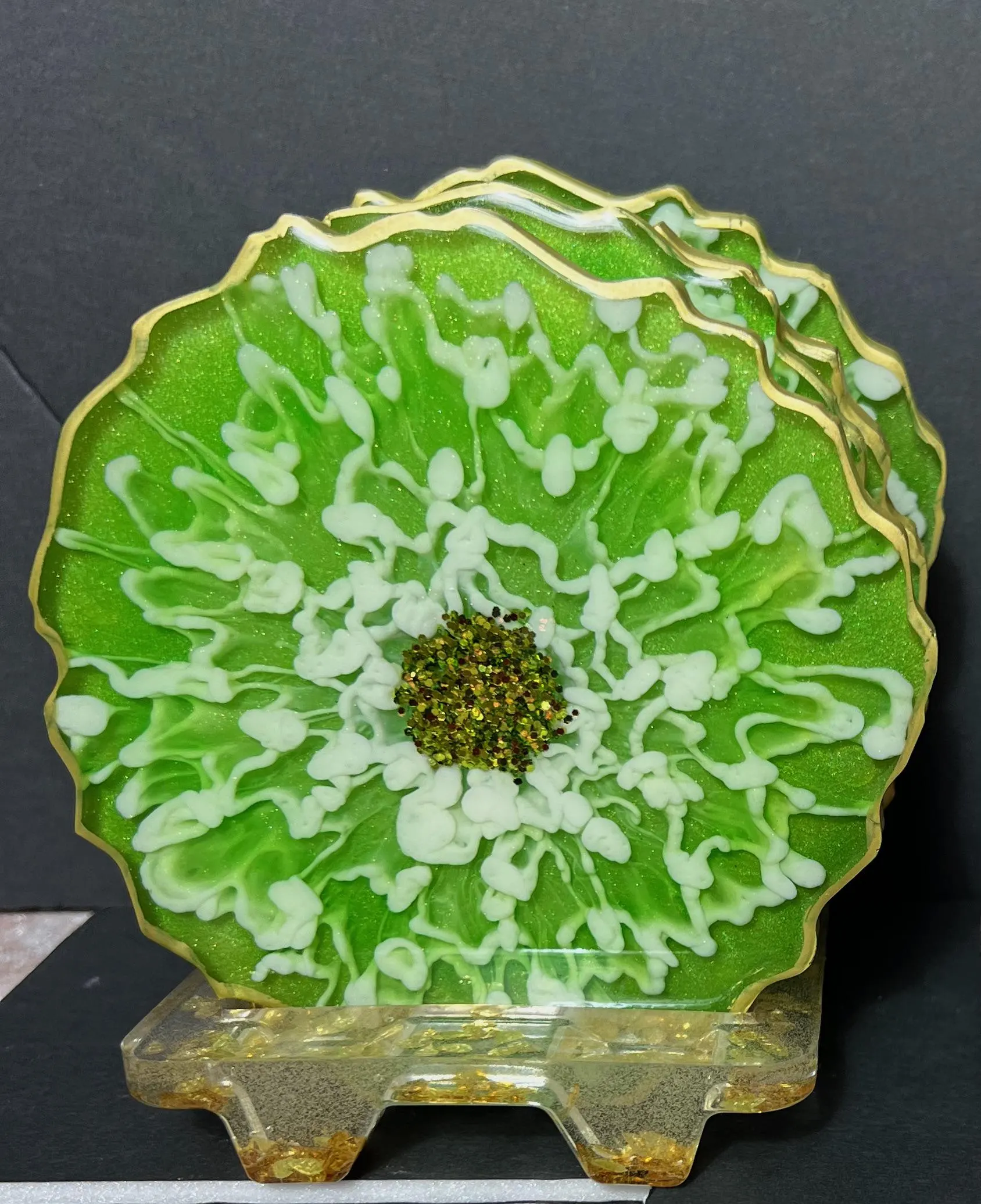 Green Resin Flower Coaster Set