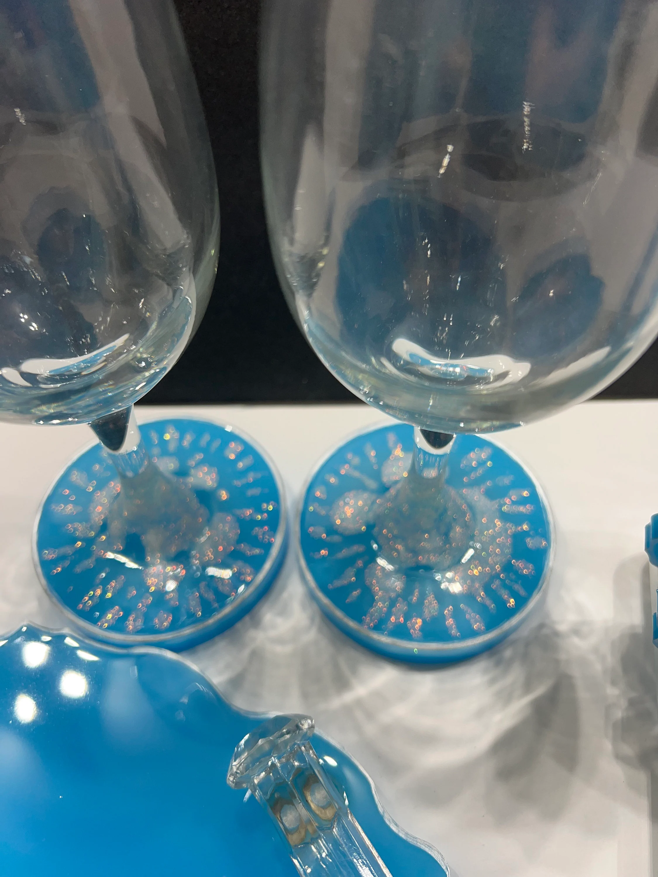 Blue Resin Serving Tray, Coaster Set, and Wine Glasses