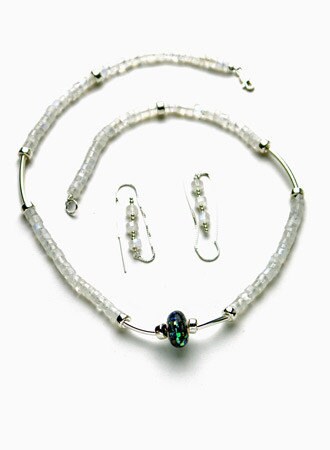 Moonstone, Abalone, and Sterling Silver Bead Necklace and Earring Set