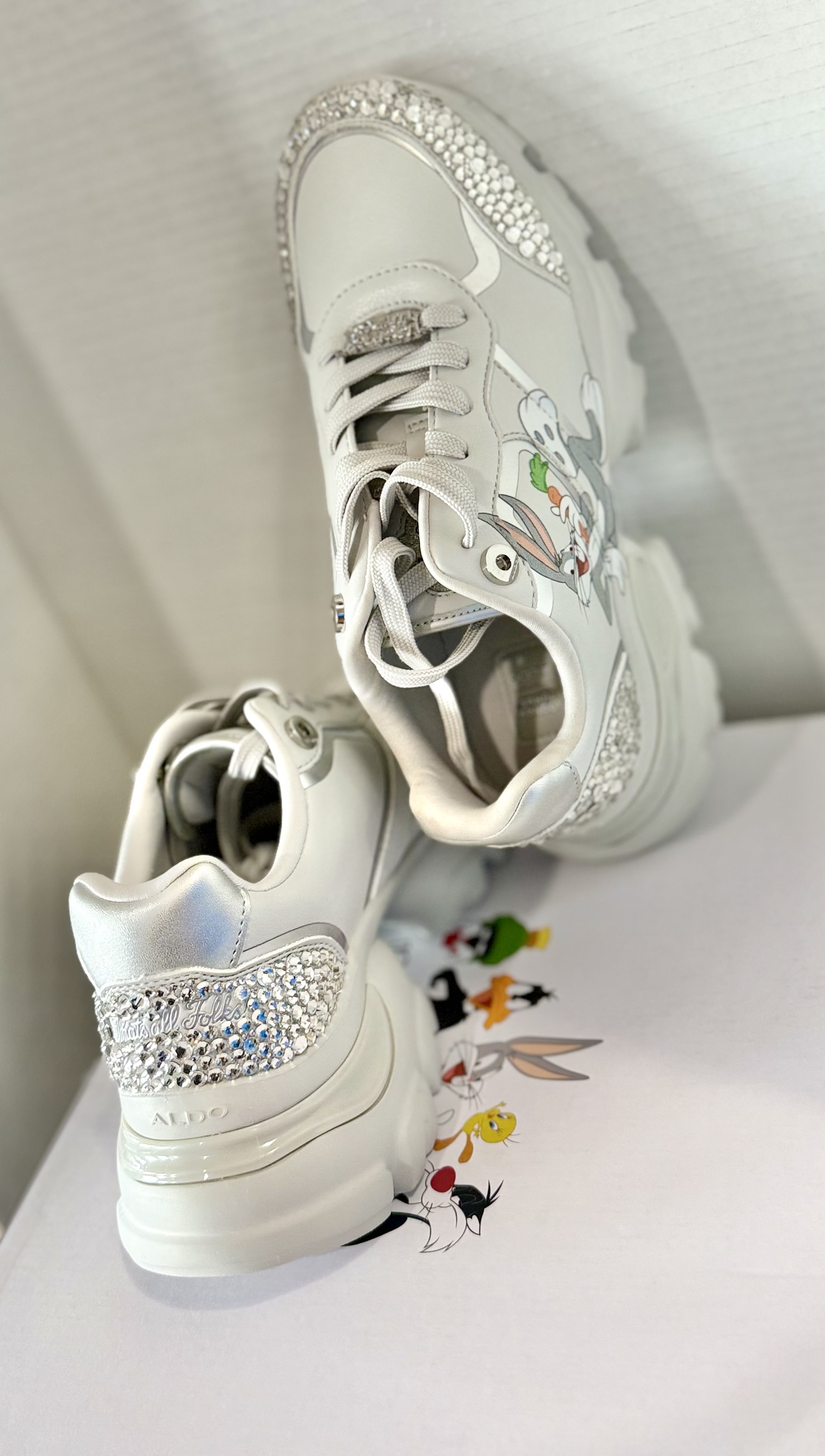 Aldo Gorgeous White Designer Sneakers with Rhinestone Accents