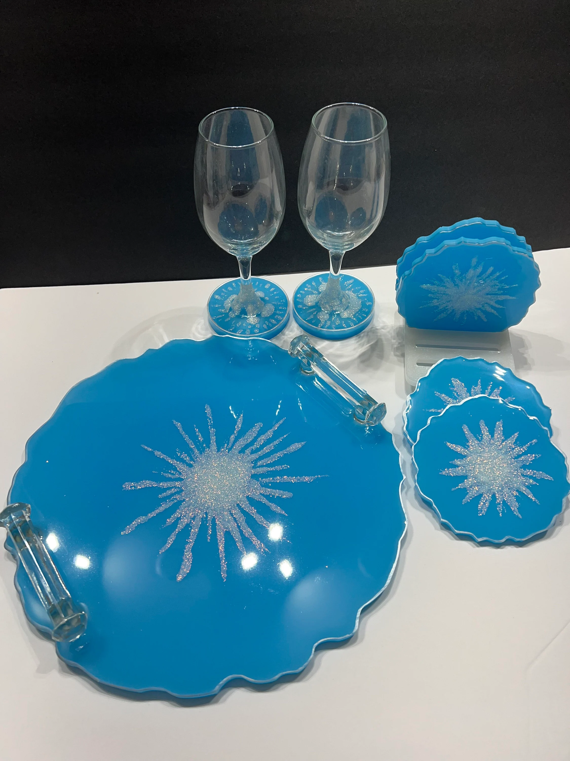 Blue Resin Serving Tray, Coaster Set, and Wine Glasses