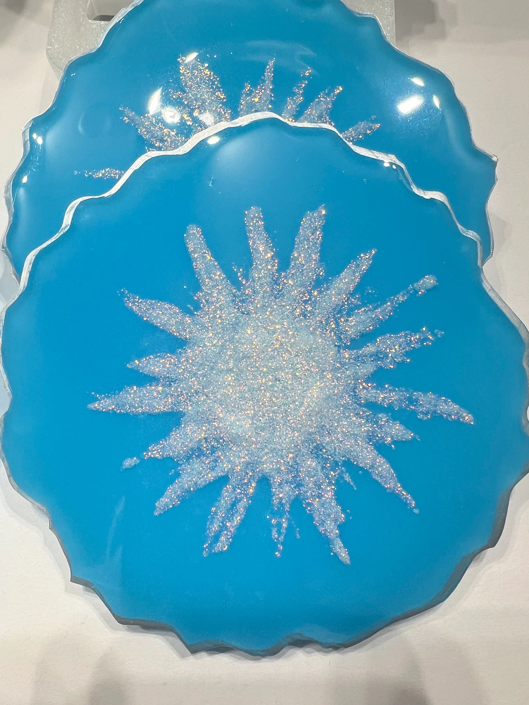 Blue Resin Serving Tray, Coaster Set, and Wine Glasses