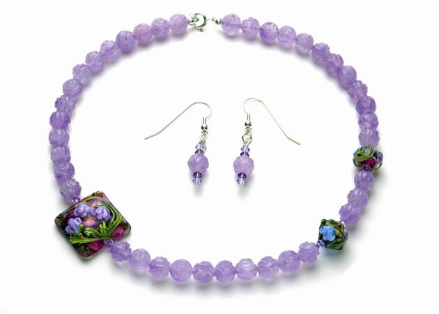 Purple Beaded Necklace and Earrings Set