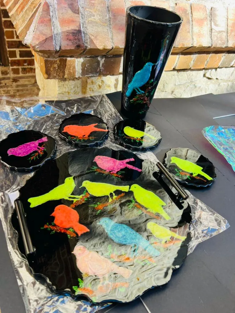 Handcrafted Bird-Themed Resin Coasters, Serving Tray, and Vase