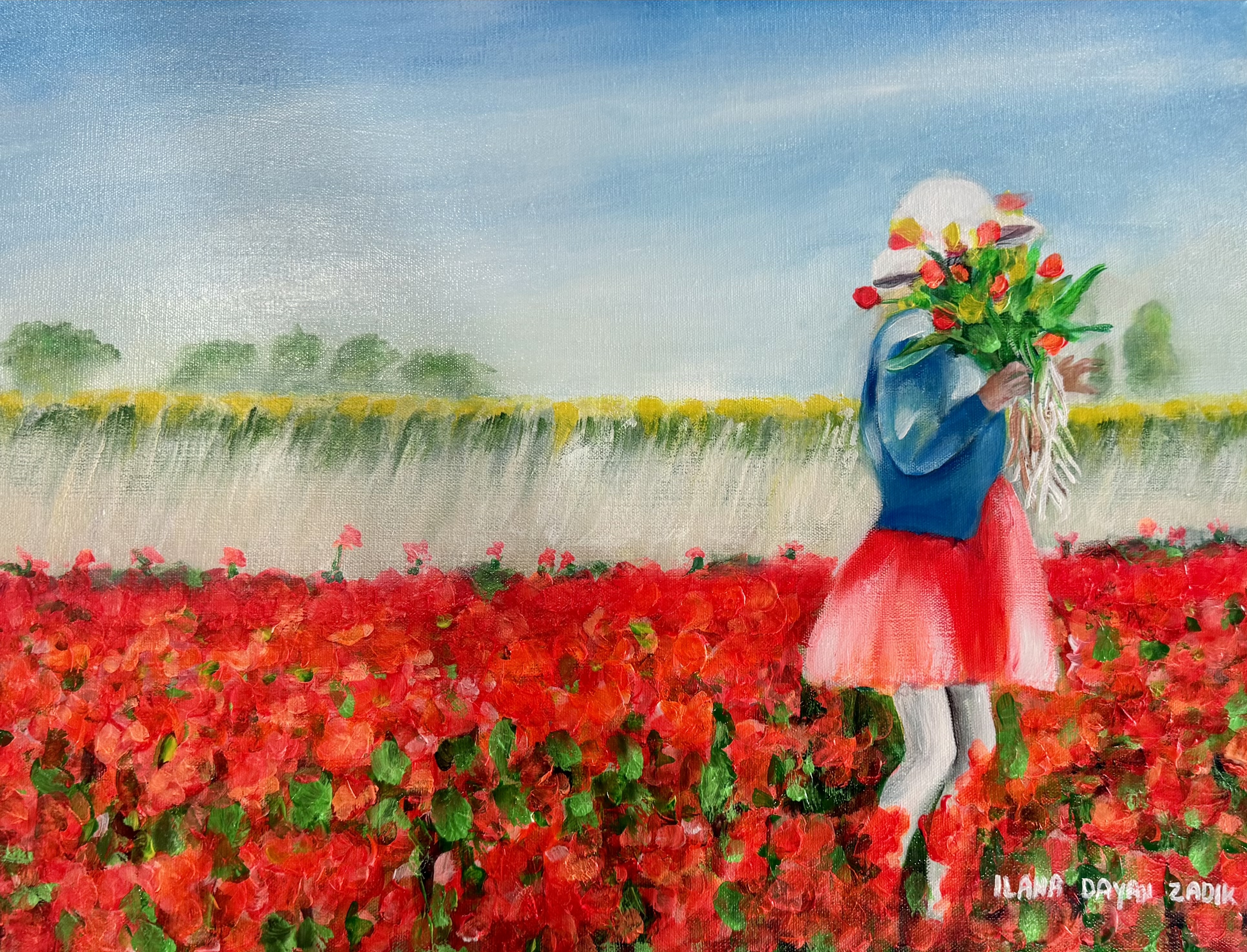 Acrylic Girl in Red Flower Field Painting