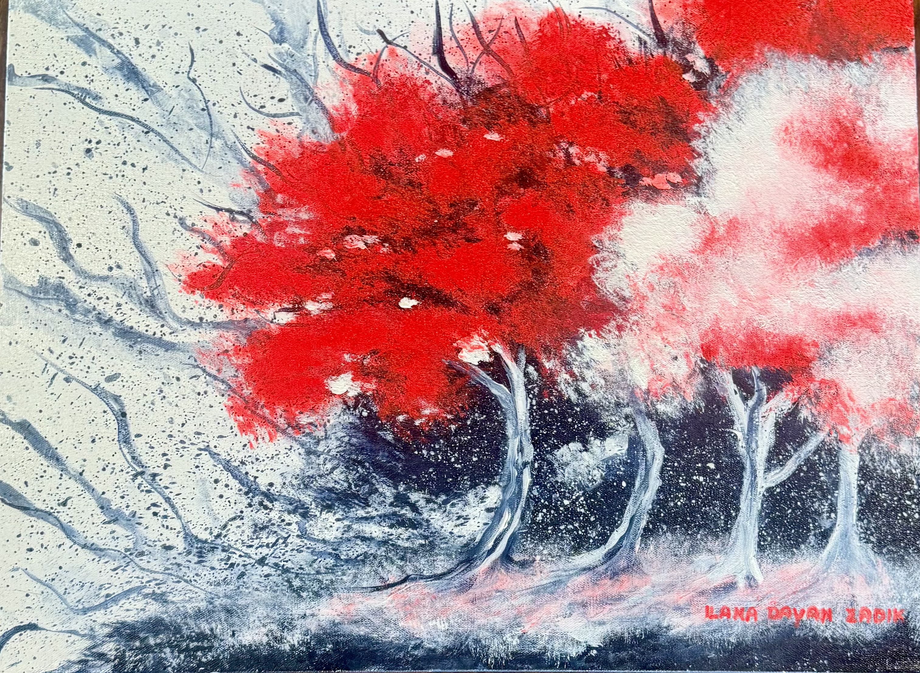 Acrylic Red Dream Forest Painting