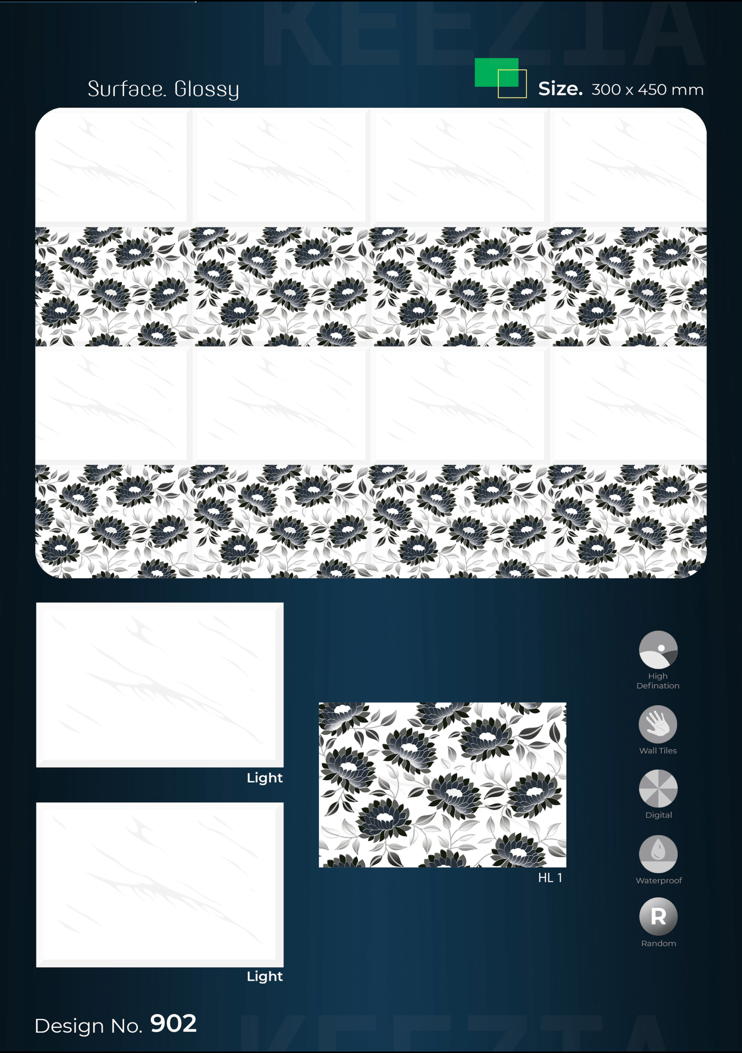 Premium Glossy Floral Wall Tiles – Black & White (400x450mm)