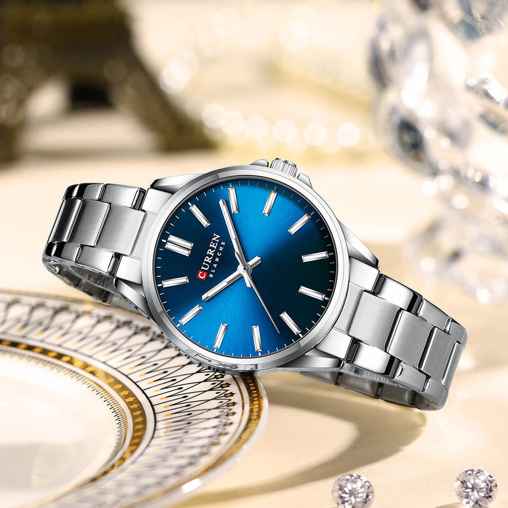  Reloj de pulsera plateado Curren 9090L  + caja y bolso Curren