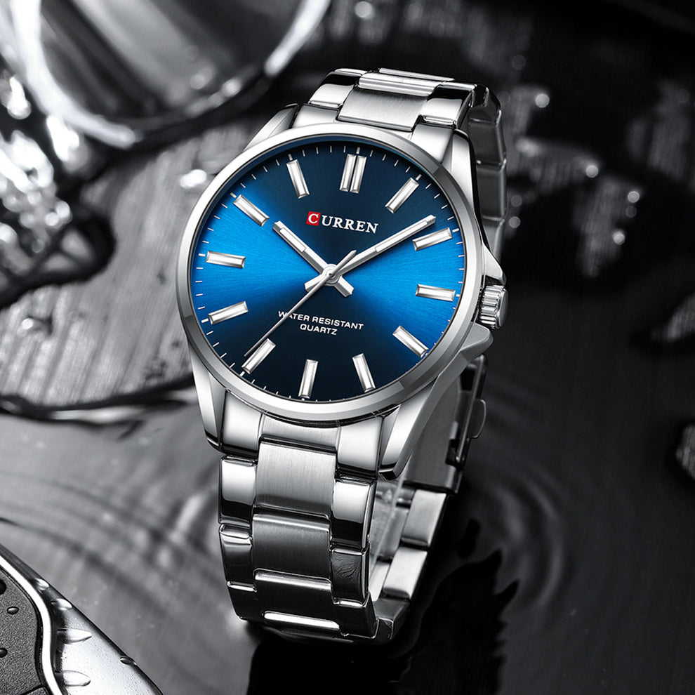  Reloj de pulsera plateado Curren 9090L  + caja y bolso Curren