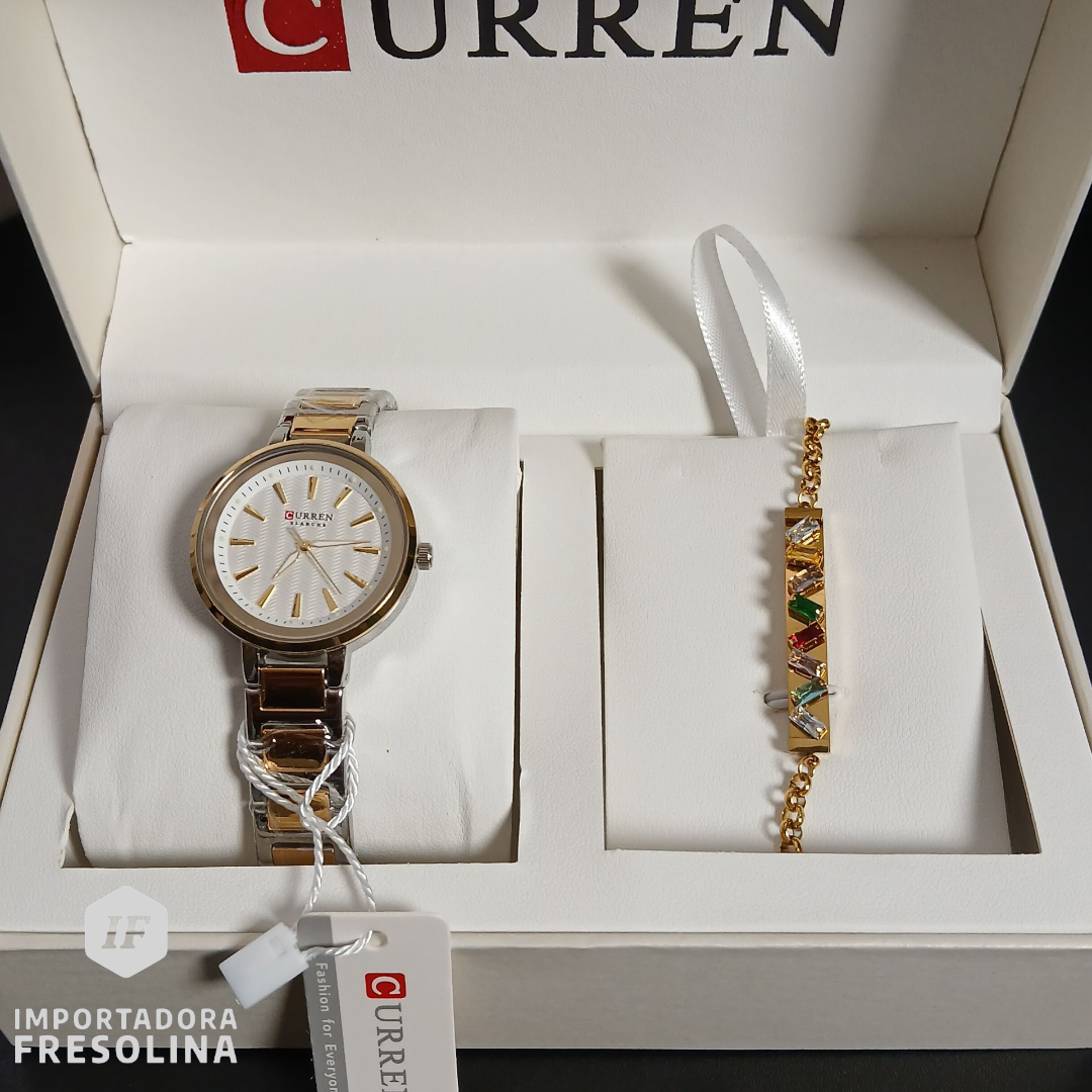  Reloj CURREN 9109L más pulsera para dama + caja y bolso Curren
